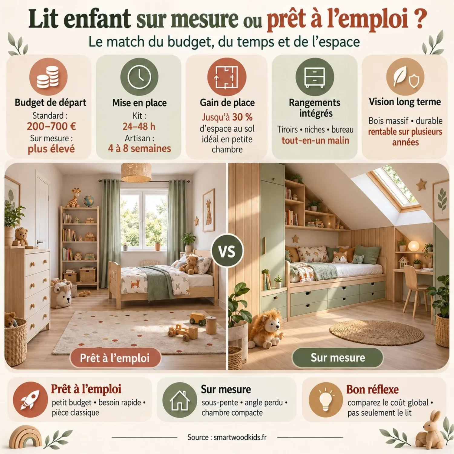 Infographie : lit enfant sur mesure ou prêt à l'emploi - budget de départ, délai de mise en place, gain de place et rangements intégrés.