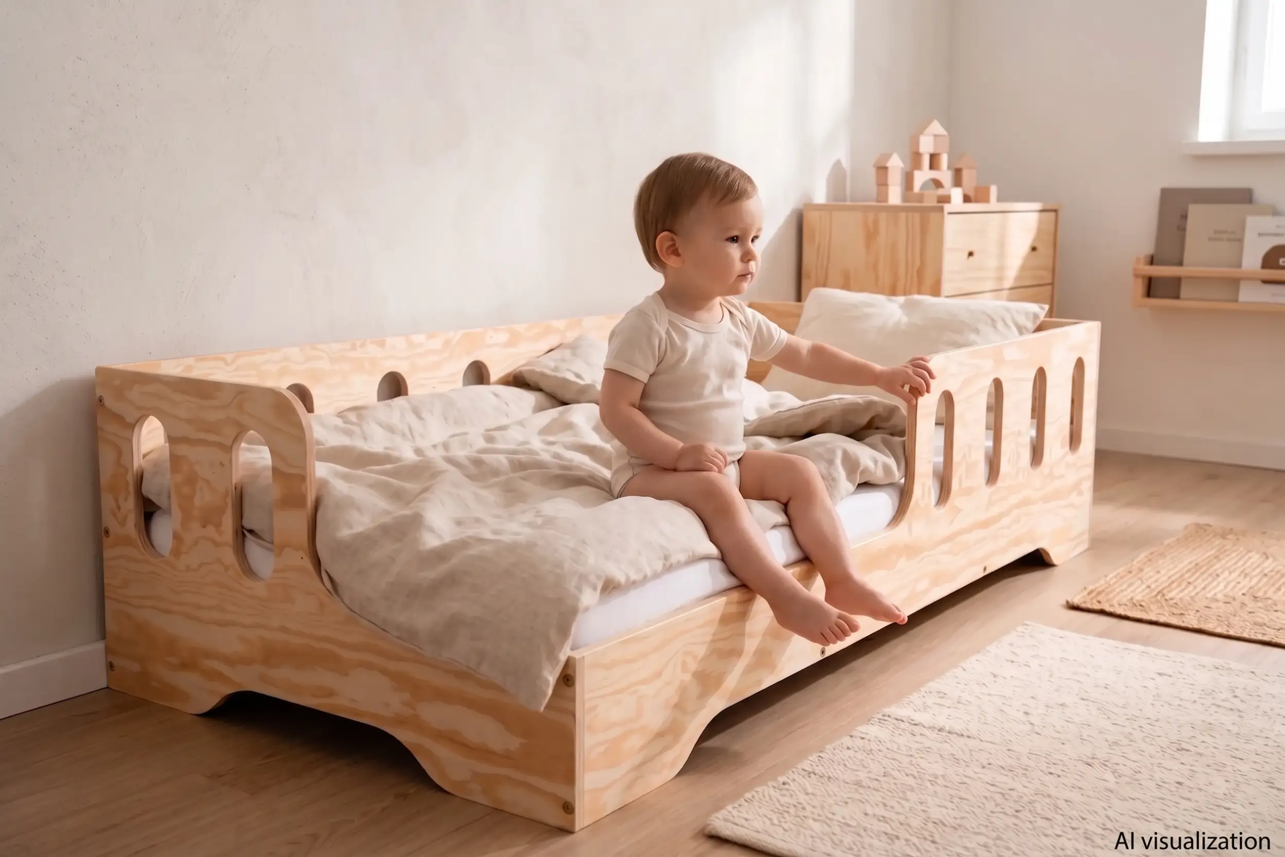 Lit enfant TILA 1 coloris naturel avec barrières ajourées, tout-petit assis au bord du lit dans une chambre lumineuse.