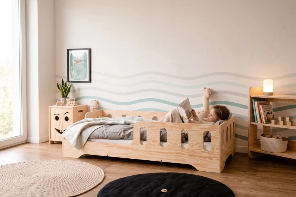 Lit enfant TILA 1 coloris naturel avec barrières ajourées, petite fille allongée qui lit un livre avec sa peluche.