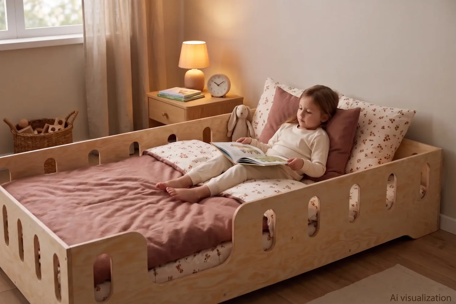Lit enfant TILA 2 coloris naturel avec barrières ajourées, petite fille adossée aux coussins qui lit un livre le soir.