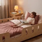 Lit enfant TILA 2 coloris naturel avec barrières ajourées, petite fille adossée aux coussins qui lit un livre le soir.