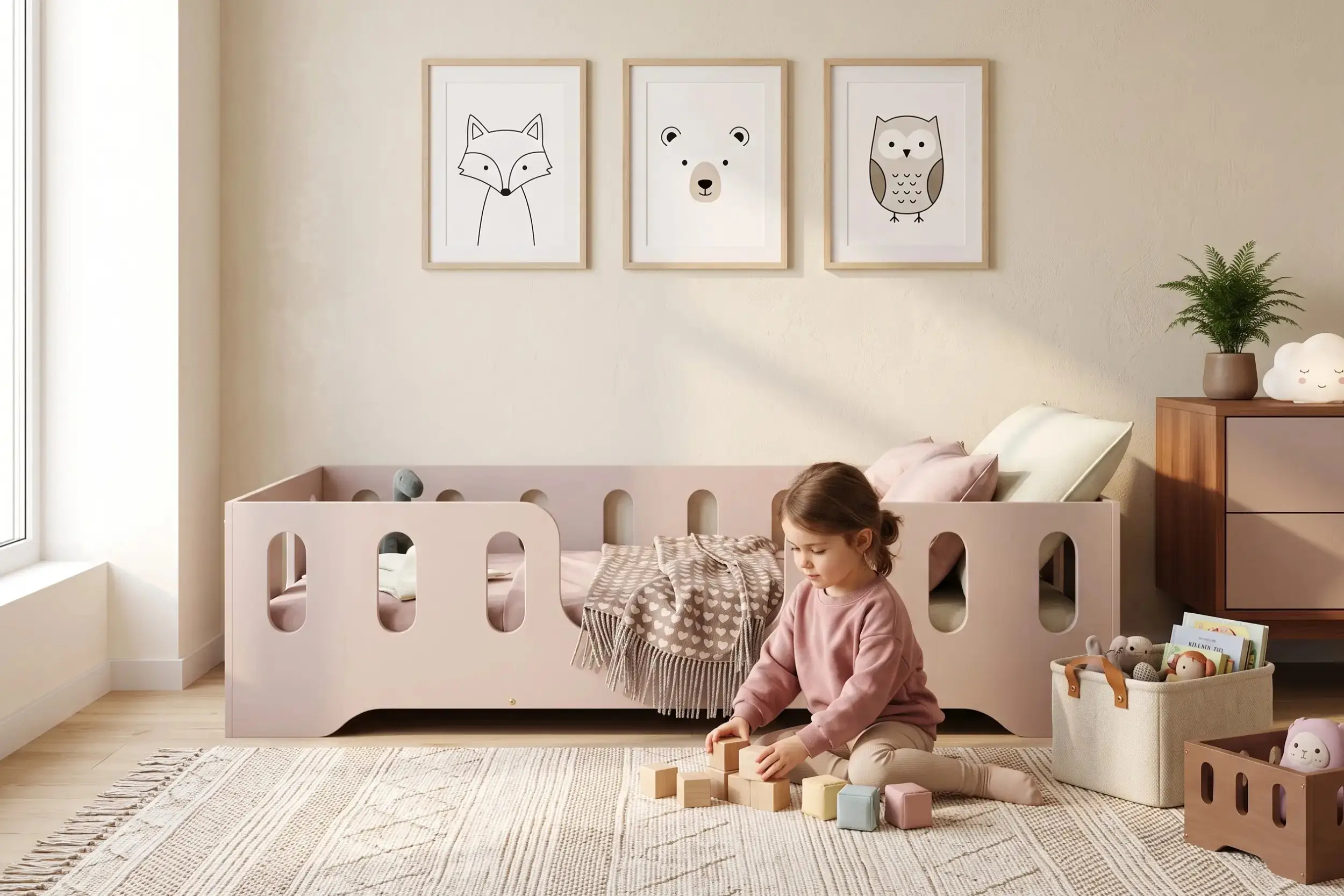 Lit enfant TILA 2 coloris cachemire avec barrières ajourées, petite fille jouant aux cubes sur le tapis.