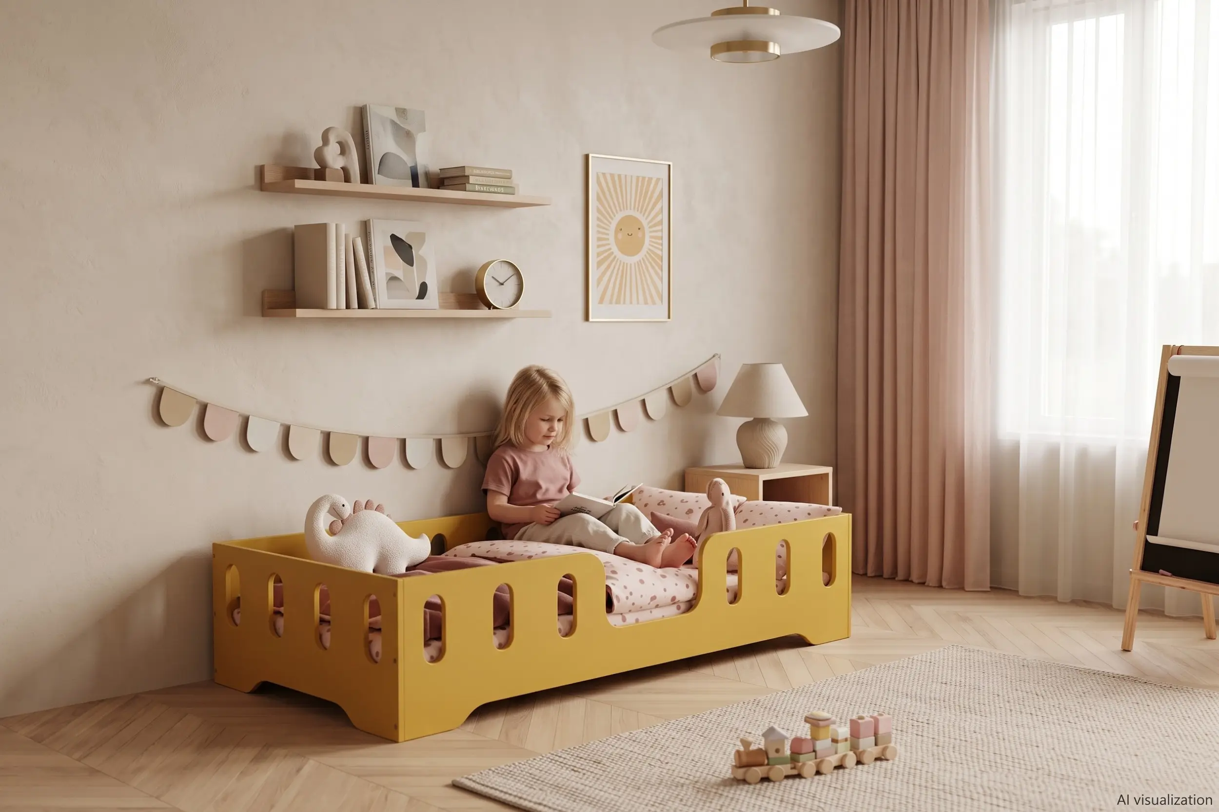 Lit enfant TILA 2 coloris moutarde avec barrières ajourées, petite fille assise sur son lit qui lit un livre avec ses peluches.
