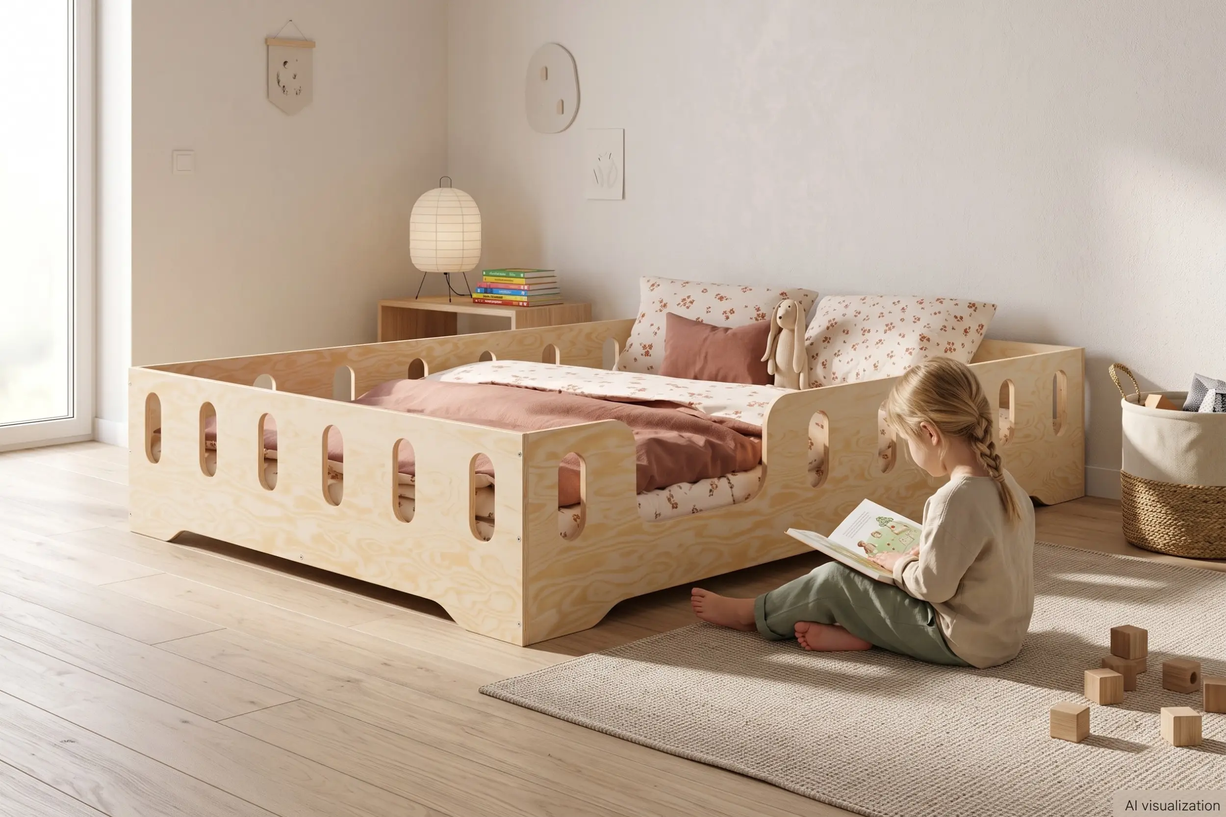 Lit enfant TILA 2 coloris naturel avec barrières ajourées, petite fille assise sur le tapis qui lit un livre à côté du lit.