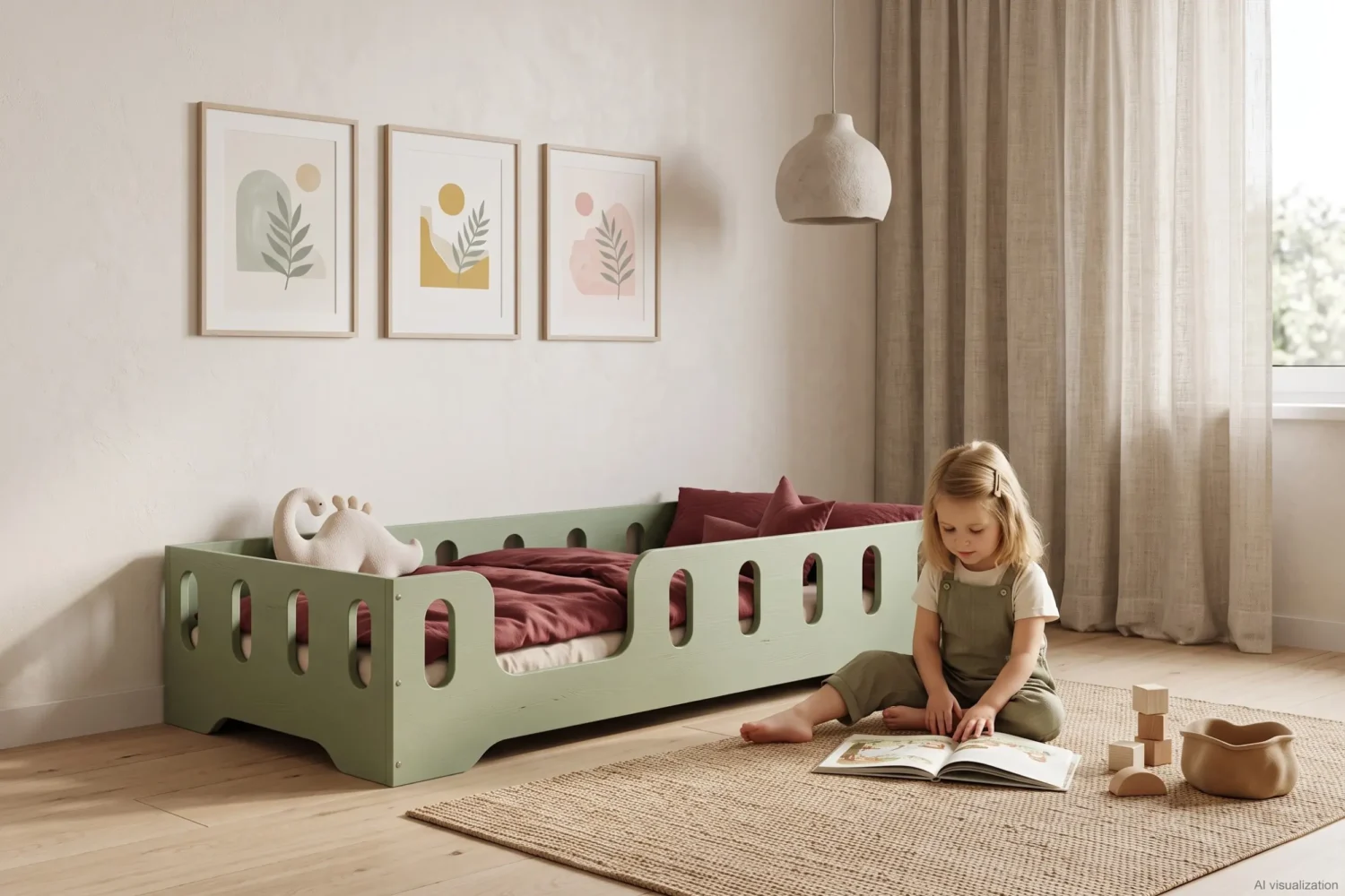 Lit enfant TILA 2 coloris vert avec barrières ajourées, petite fille assise sur le tapis qui feuillette un livre à côté du lit.
