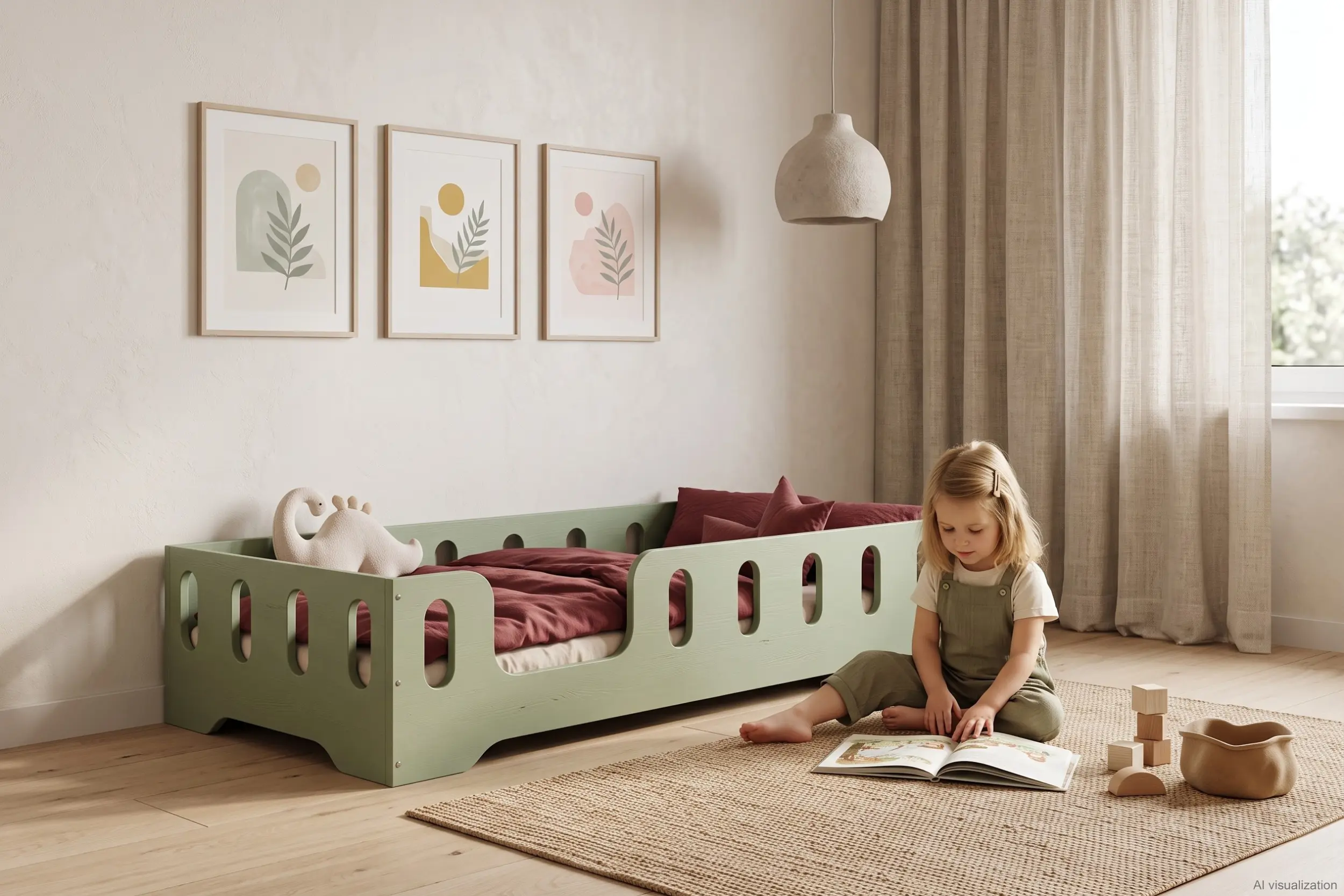 Lit enfant TILA 2 coloris vert avec barrières ajourées, petite fille assise sur le tapis qui feuillette un livre à côté du lit.