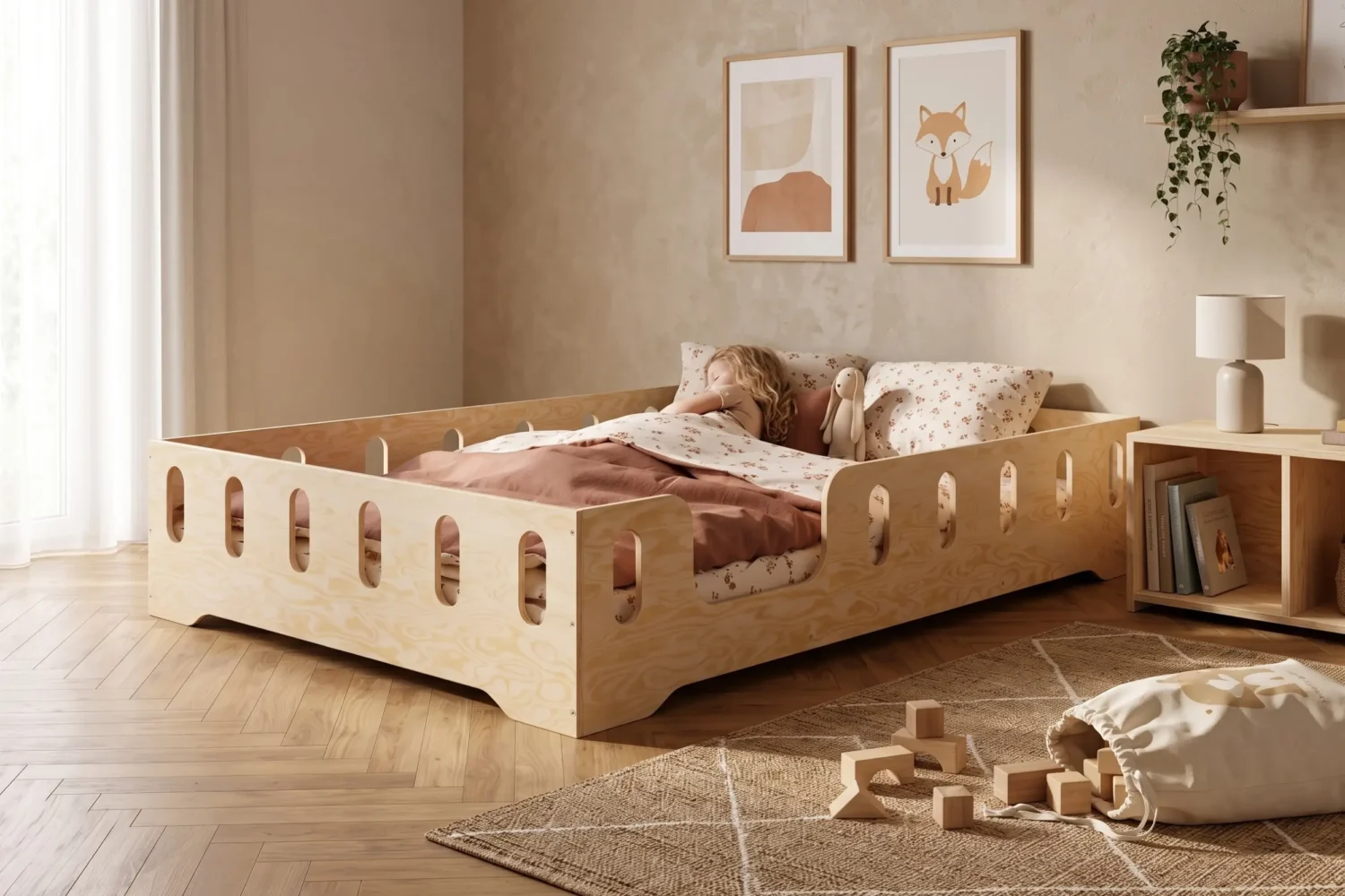 Lit enfant TILA 2 coloris naturel avec barrières ajourées, petite fille endormie avec sa peluche sous une couette fleurie.