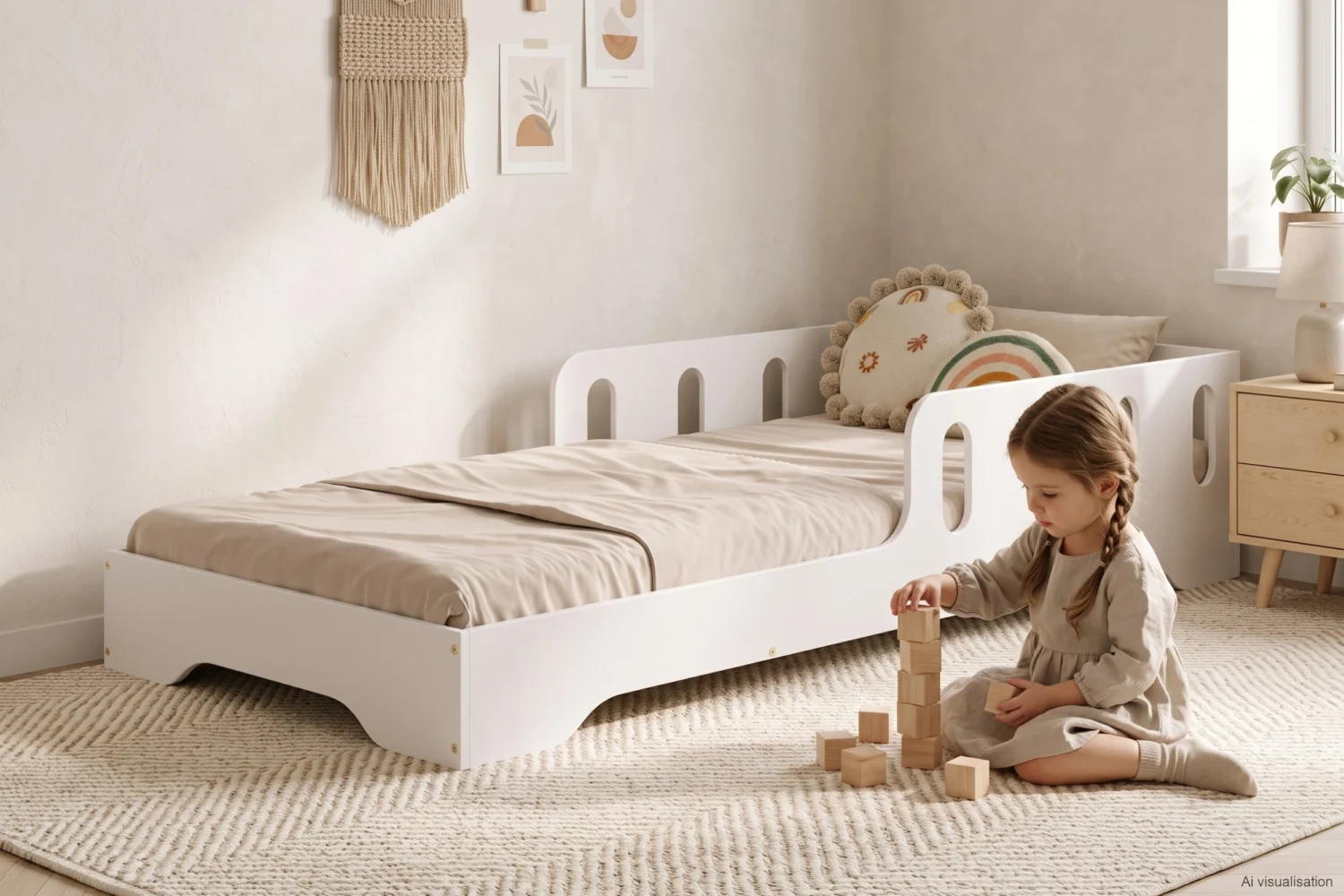 Lit enfant TILA 6 blanc avec barrière ajourée et entrée basse, petite fille qui empile des cubes en bois sur le tapis.
