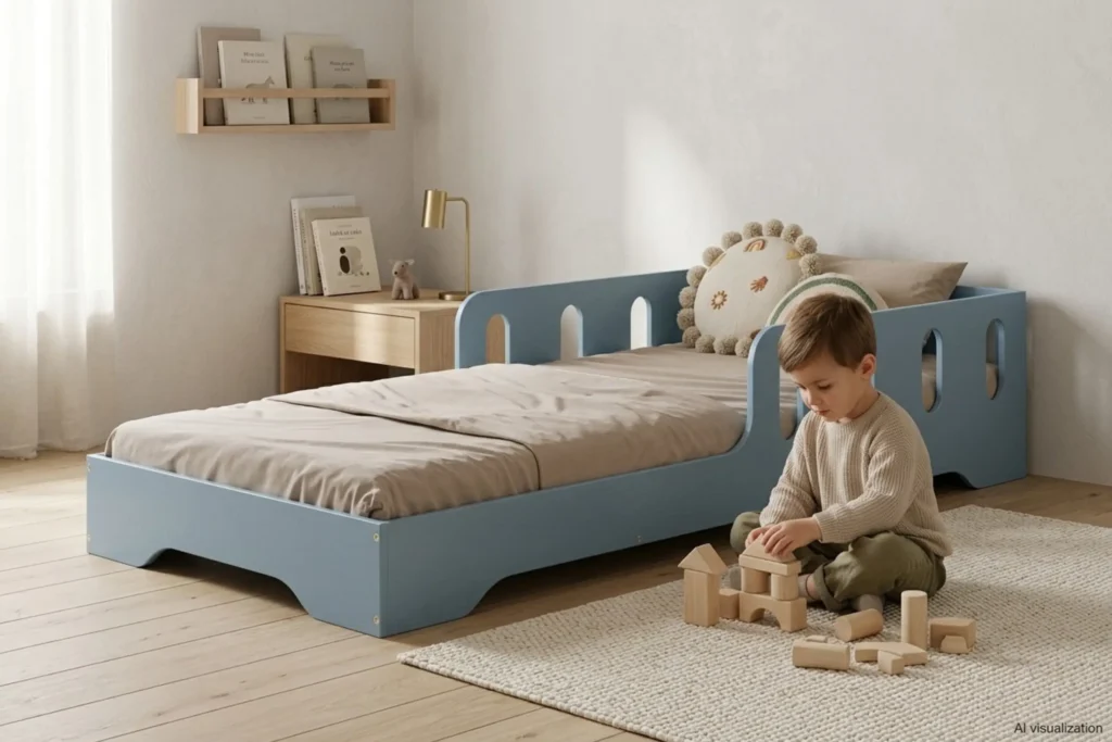 Lit enfant TILA 6 coloris bleu avec barrières ajourées et entrée basse, petit garçon qui joue aux cubes sur le tapis.