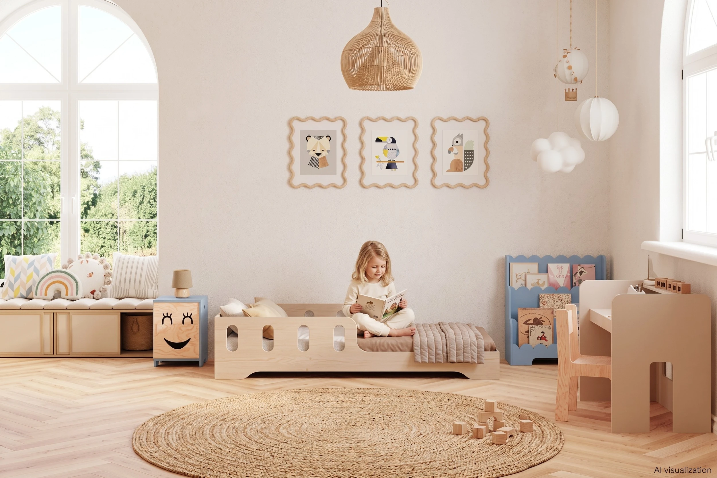 Lit enfant TILA 6 en contreplaqué naturel avec barrière ajourée et entrée basse, petite fille assise qui lit un livre.