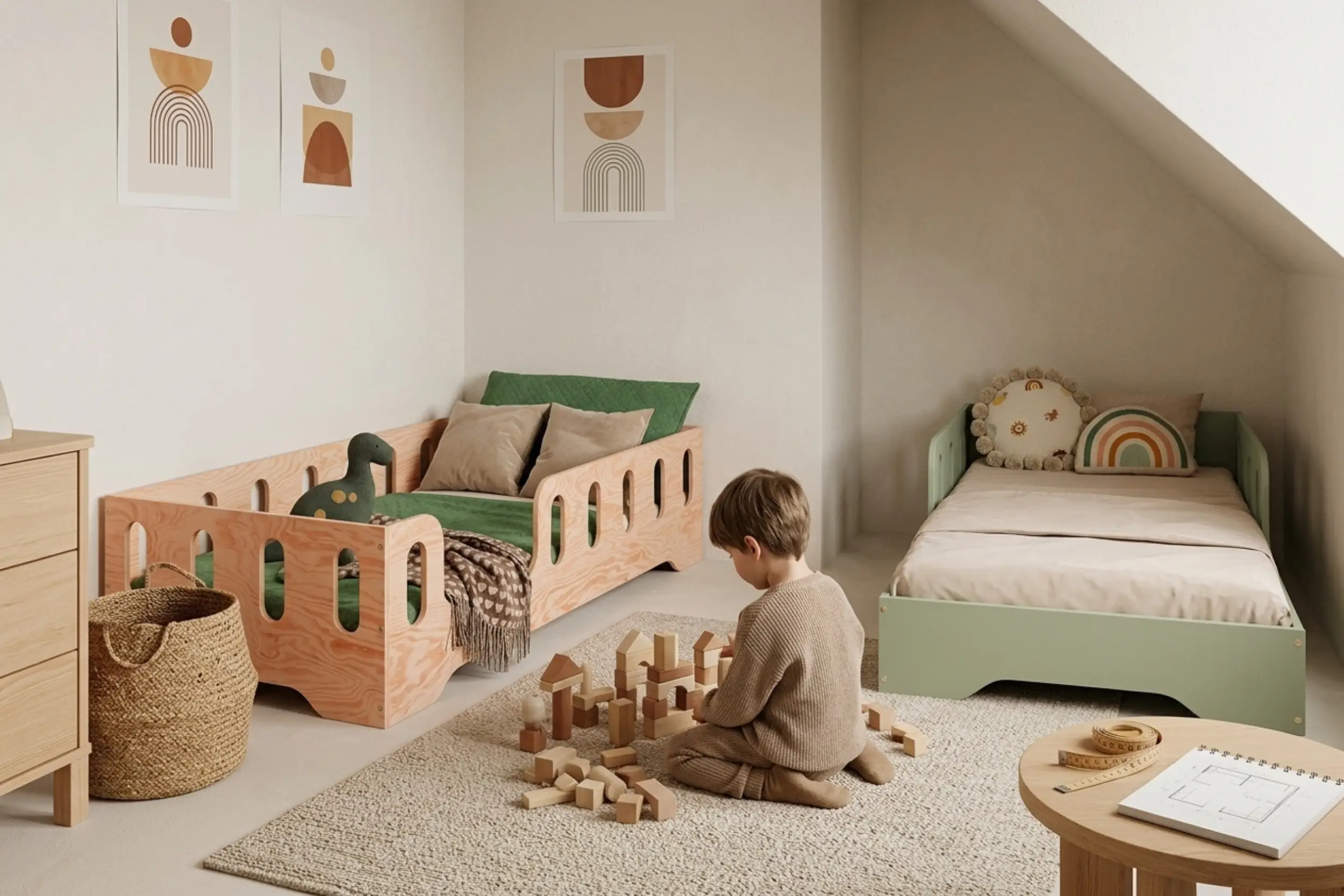 Chambre partagée avec le lit TILA 2 en contreplaqué naturel et le lit TILA 6 vert sous les combles, garçon qui construit une ville en cubes.