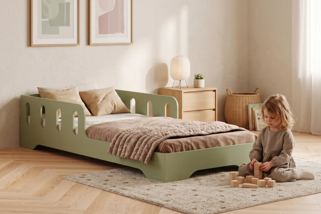 Lit enfant TILA 6 vert avec barrière latérale et découpes arrondies, petite fille jouant aux cubes sur le tapis à côté du lit.
