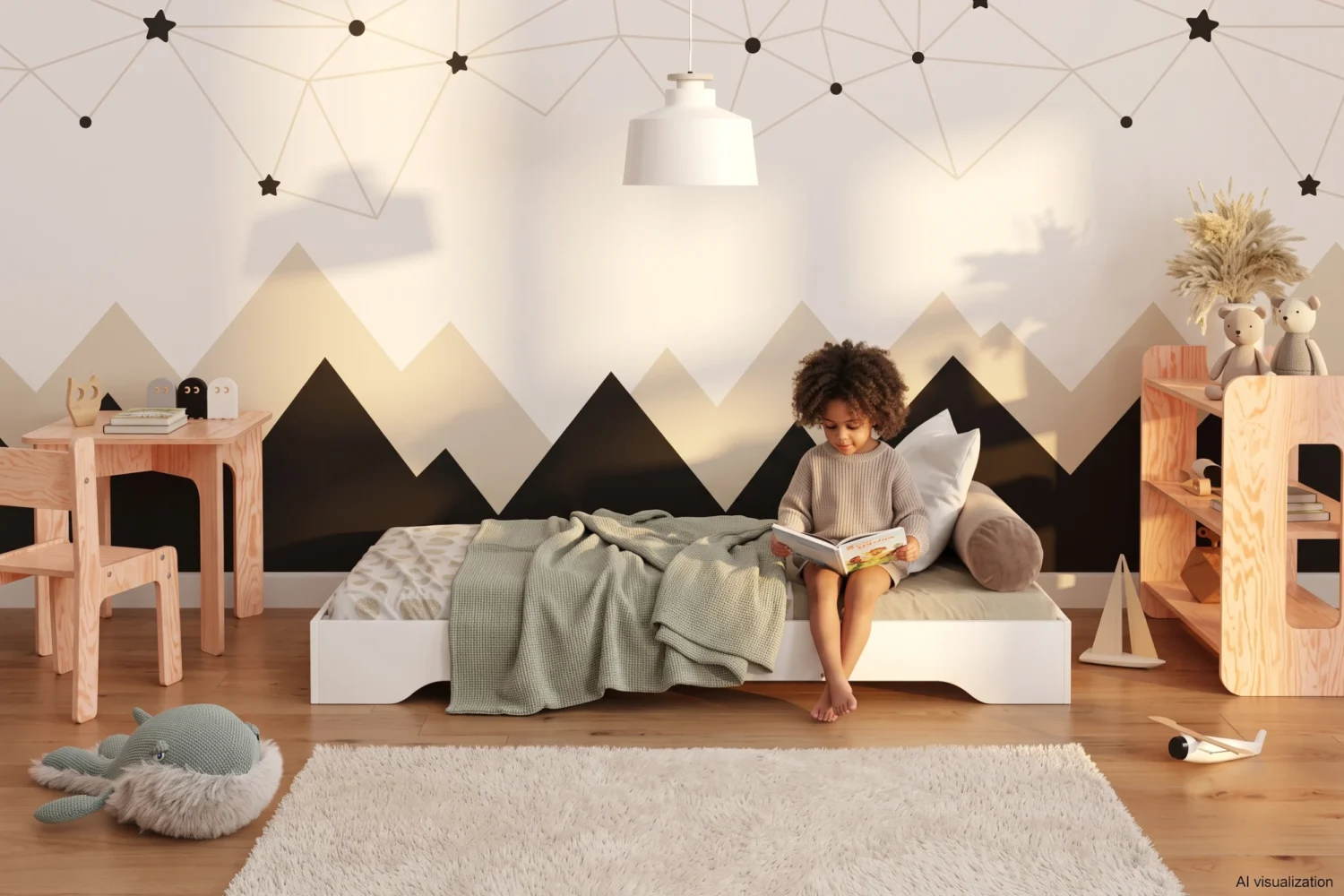 Lit enfant TILA 7 blanc, bas et sans barrières, petite fille assise qui lit un livre devant un mur aux montagnes peintes.