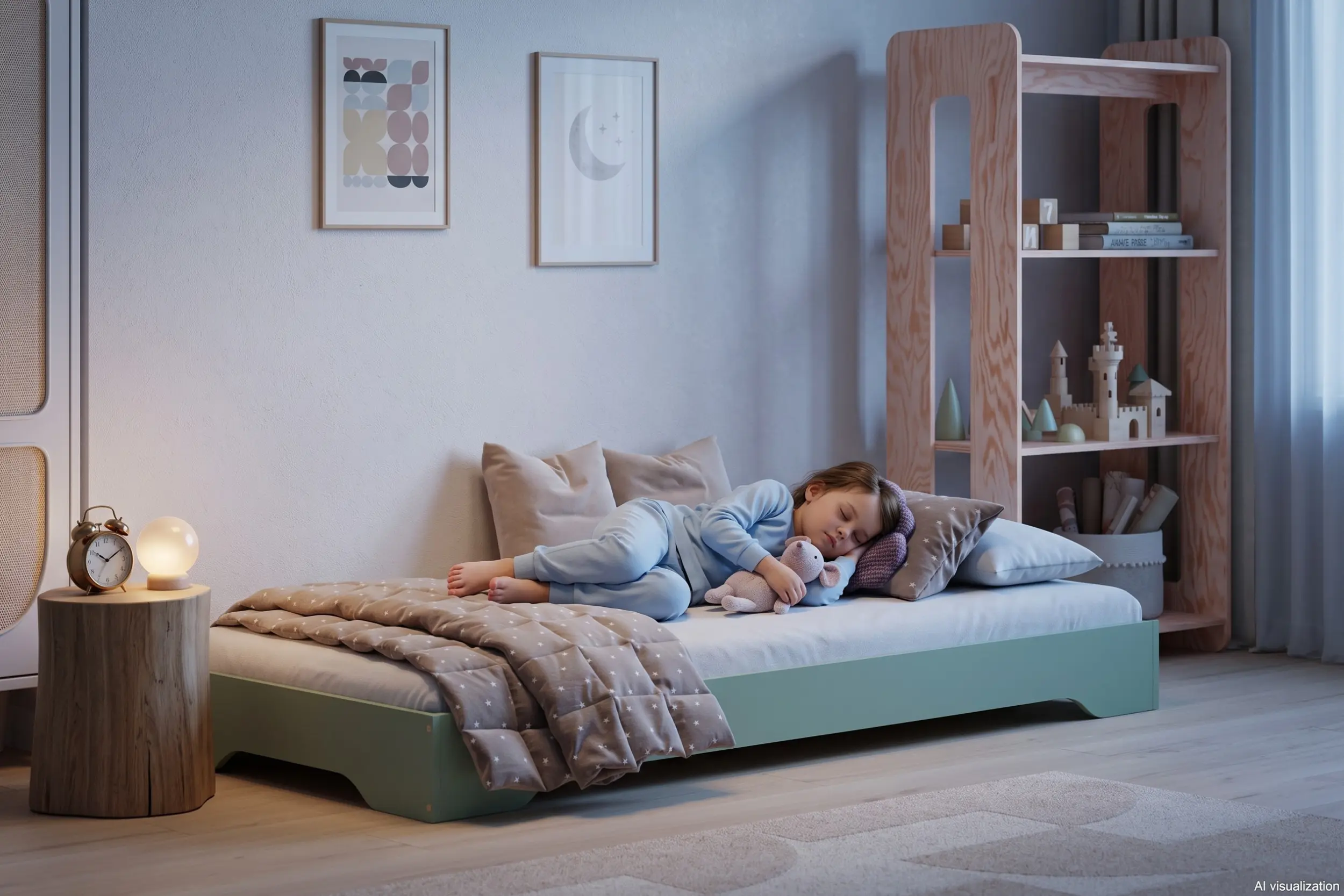 Lit enfant TILA 7 vert, bas et sans barrières, petite fille endormie avec sa peluche sous une couette étoilée.