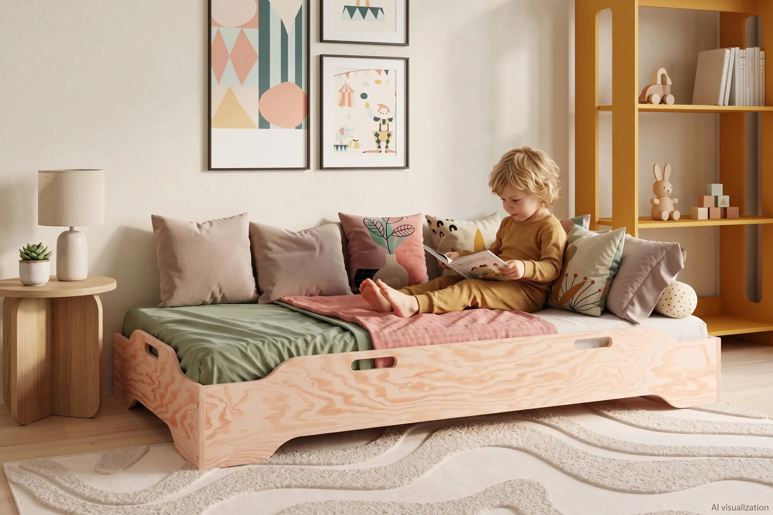 Lit enfant TILA 8 coloris naturel avec côtés bas et poignées découpées, petit garçon assis sur le lit qui lit un livre entouré de coussins.