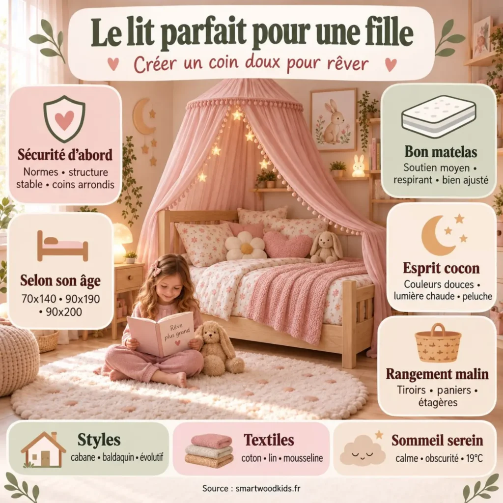 Infographie : choisir le lit d'une fille -sécurité, tailles selon l'âge, bon matelas, ambiance cocon et rangement.