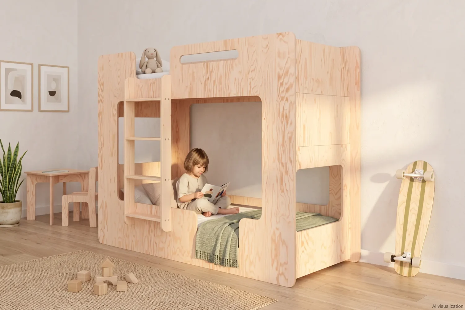 Lit superposé MIMI B coloris naturel avec échelle et couchage du bas en forme de cabane, petite fille assise qui lit un livre.
