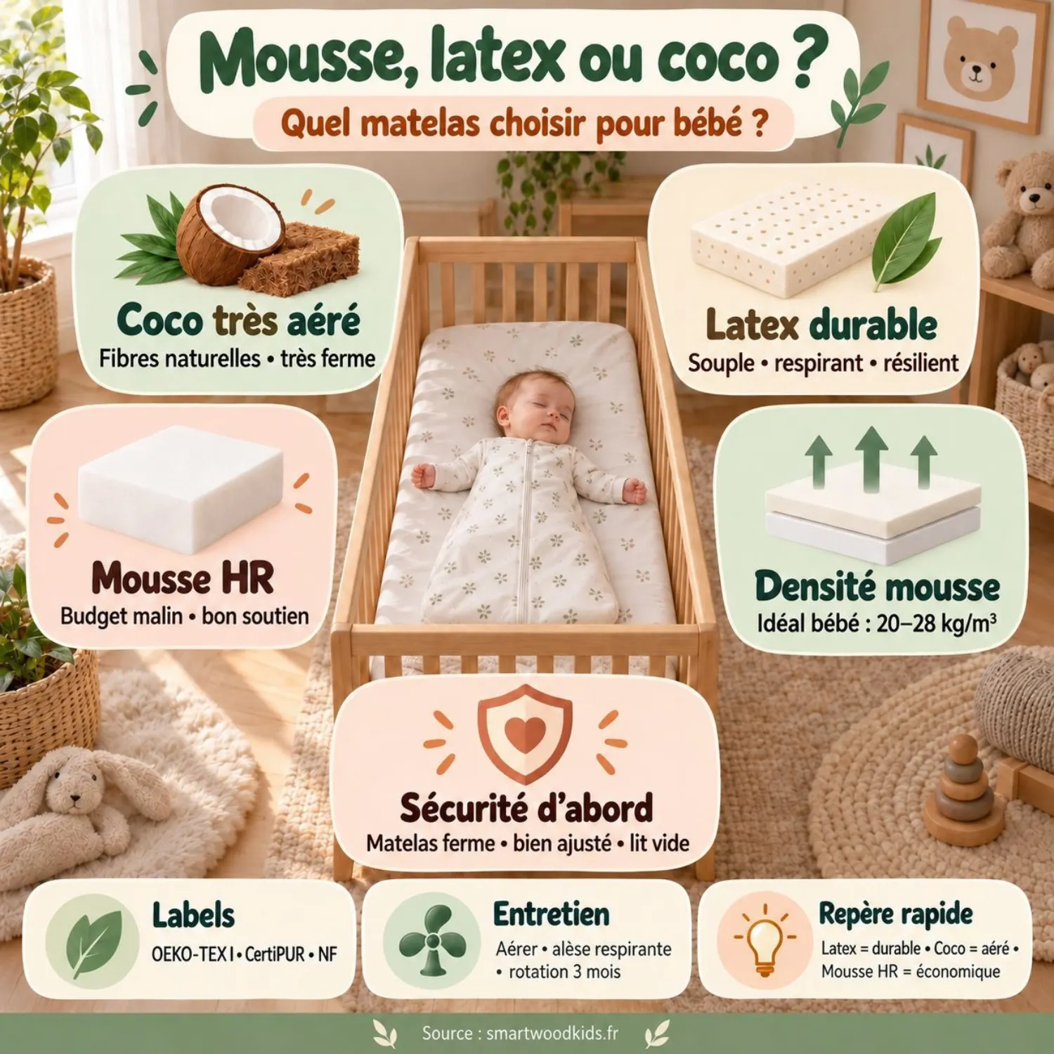 Infographie : matelas bébé en mousse HR, latex ou fibre de coco - points forts de chaque matière, densité conseillée, sécurité et entretien.