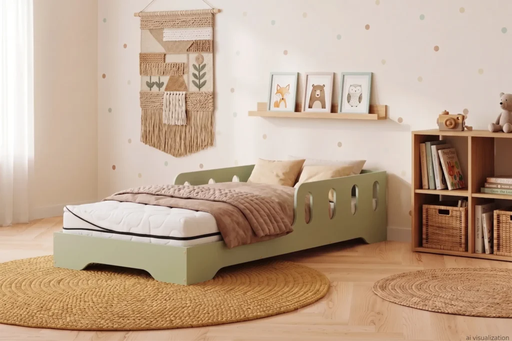 Matelas Smart Comfort avec housse déhoussable à fermeture éclair, posé sur le lit enfant TILA 6 vert dans une chambre lumineuse.