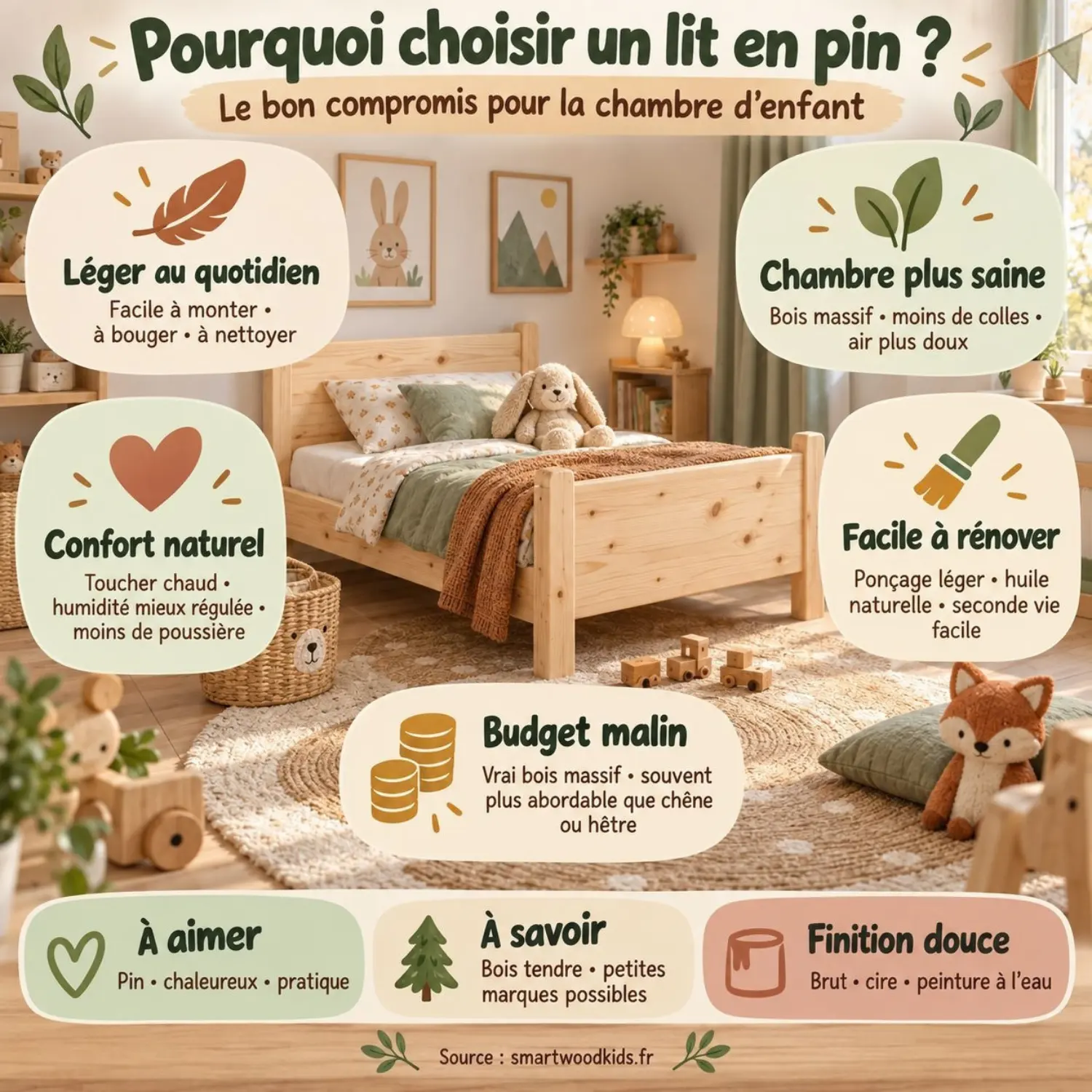 Infographie : les atouts du lit en pin pour la chambre d'enfant - légèreté, confort, entretien, rénovation et budget.