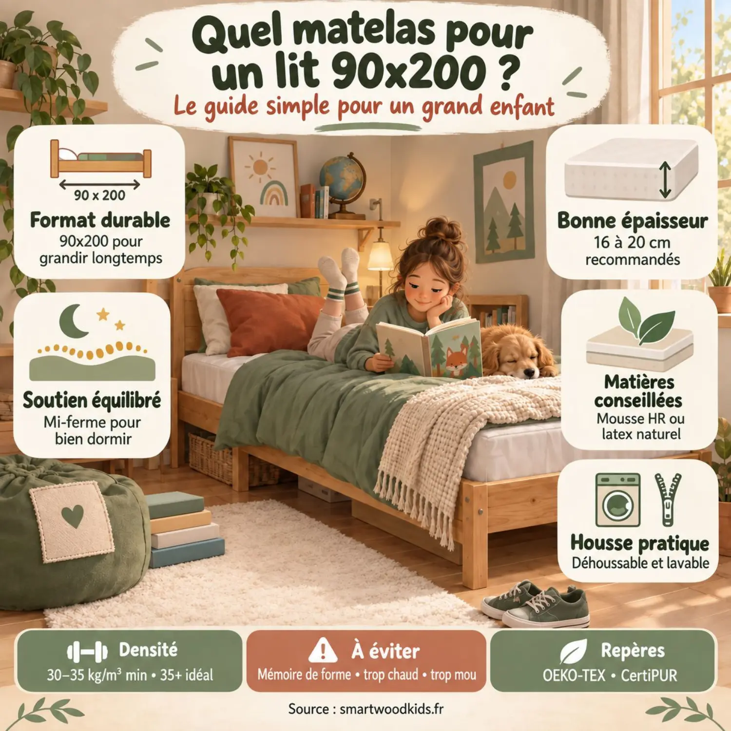 Infographie : choisir un matelas pour un lit 90x200 - format durable, soutien mi-ferme, épaisseur recommandée, matières et housse déhoussable.