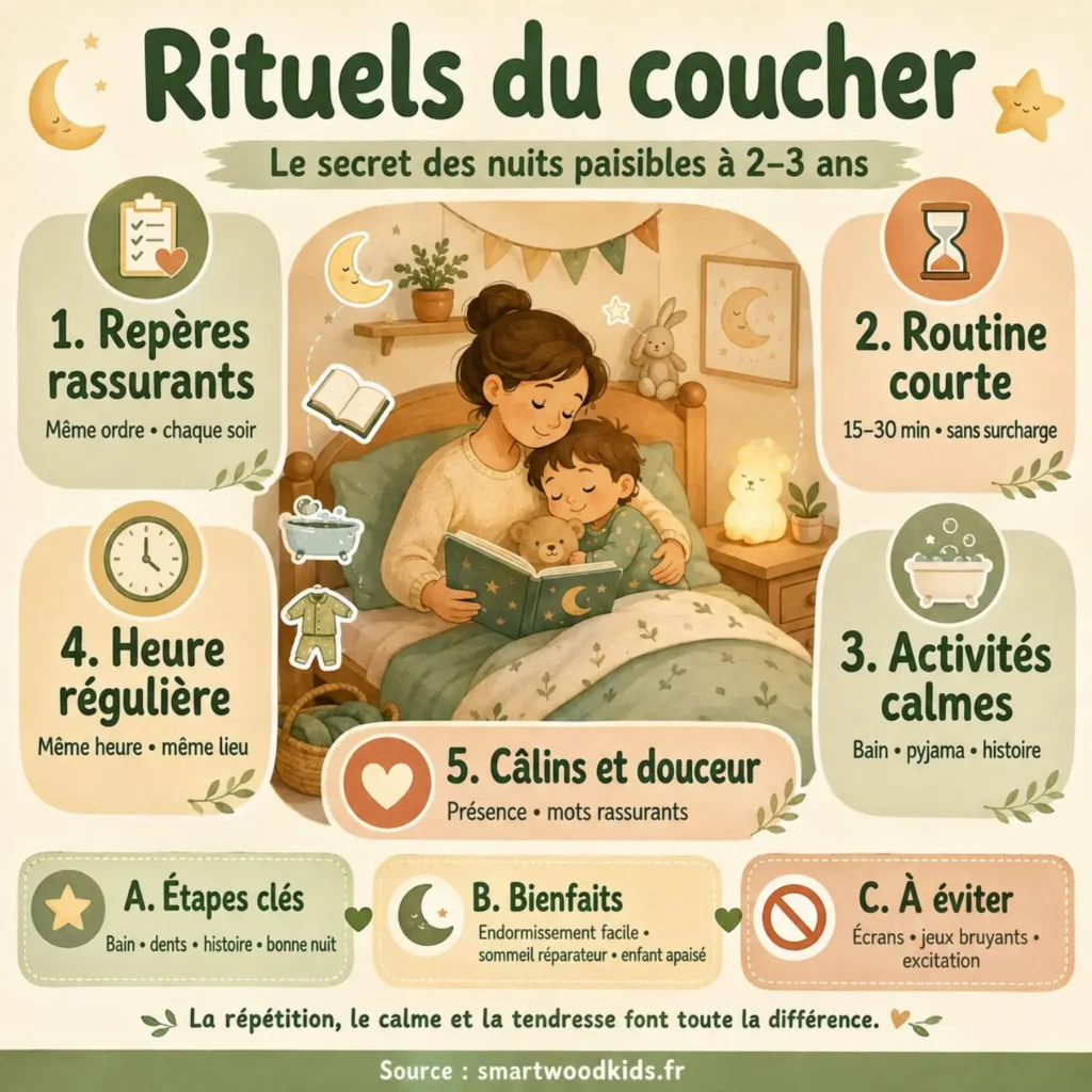 Infographie : rituels du coucher - repères rassurants, routine courte, activités calmes, heure régulière et câlins.