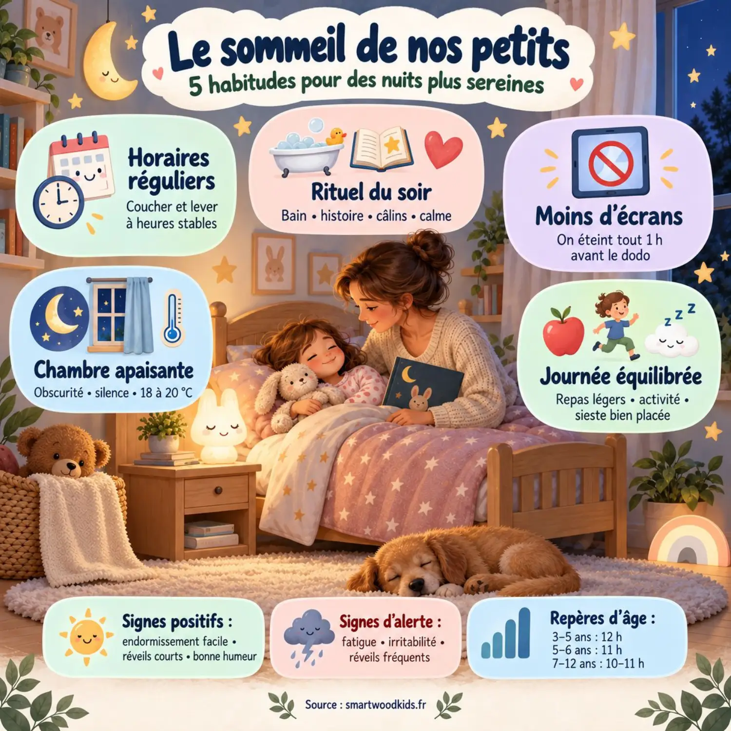 Infographie : cinq habitudes pour un meilleur sommeil - horaires réguliers, rituel du soir, moins d'écrans, chambre apaisante et journée équilibrée.
