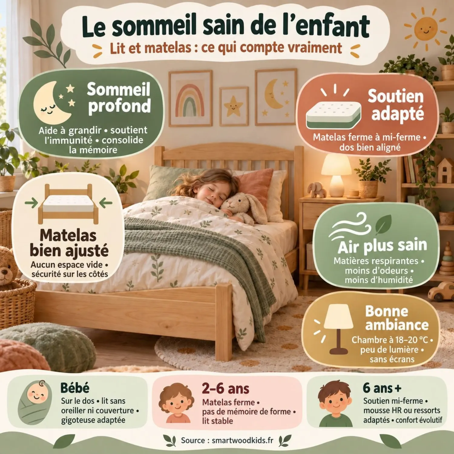Infographie : lit et matelas pour le sommeil de l'enfant - soutien adapté, matelas bien ajusté, matières respirantes, ambiance et repères par âge.