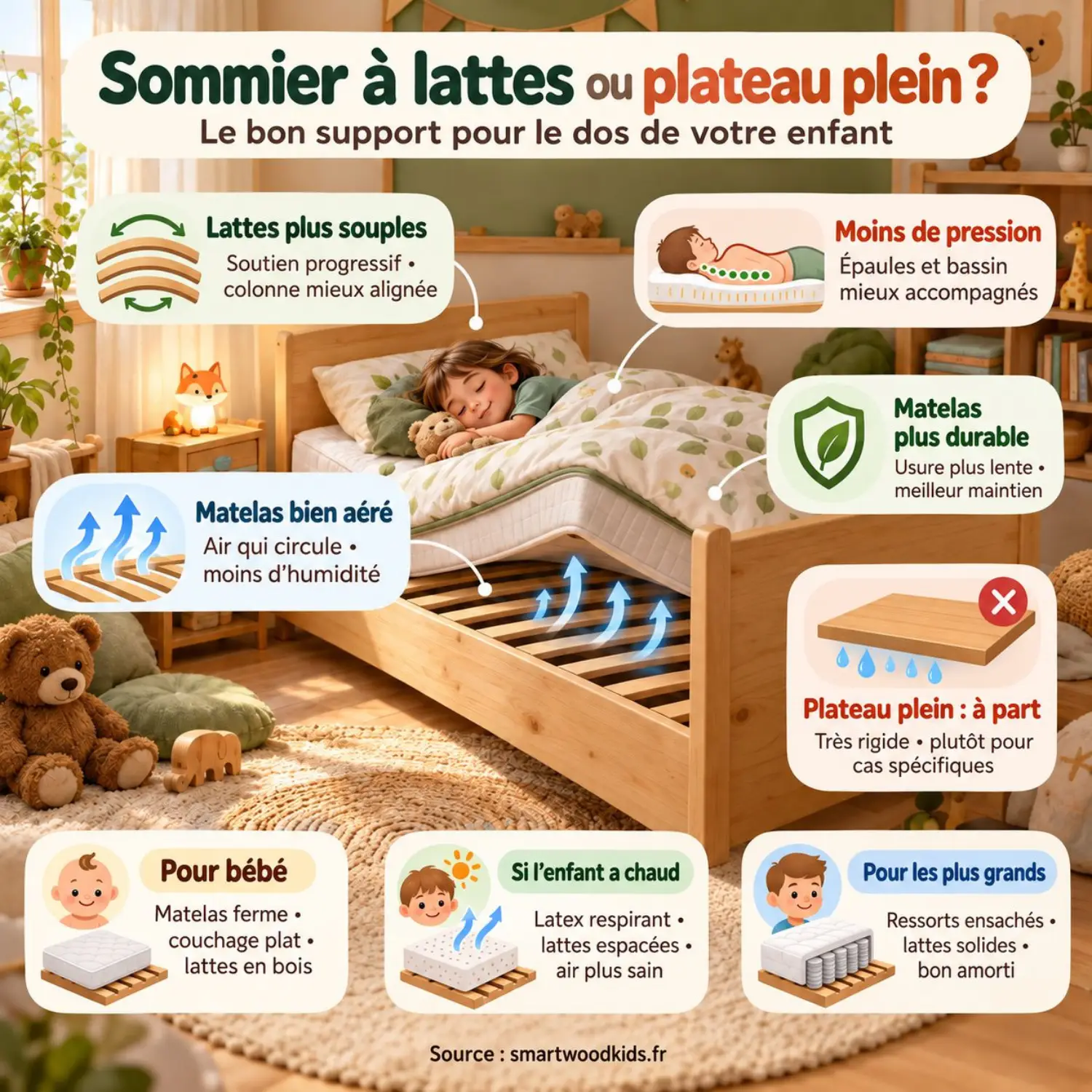 Infographie : sommier à lattes ou plateau plein - souplesse des lattes, aération du matelas, usure et repères selon l’âge de l’enfant.