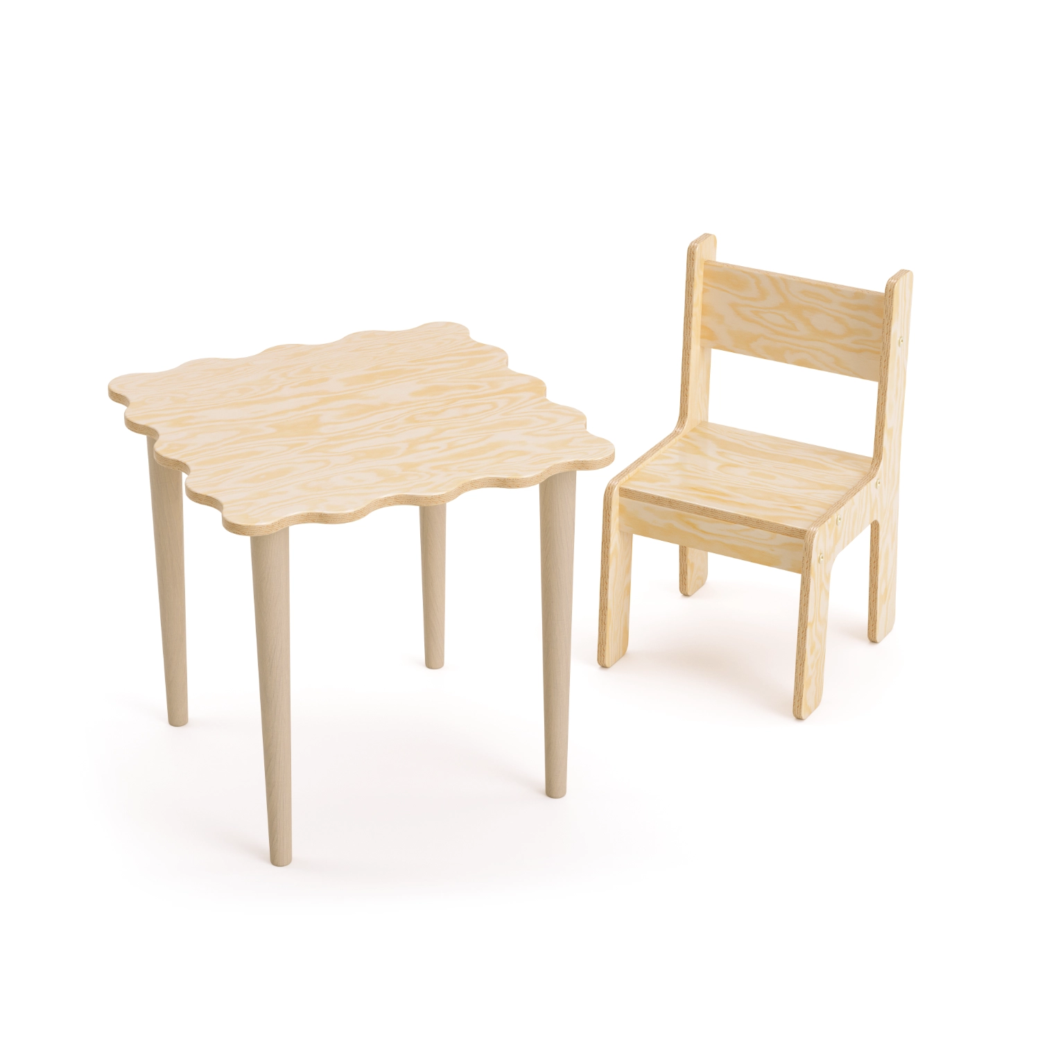 Ensemble enfant SET NALU TAB avec table et chaise en bois naturel, coloris Naturel, packshot sur fond blanc.