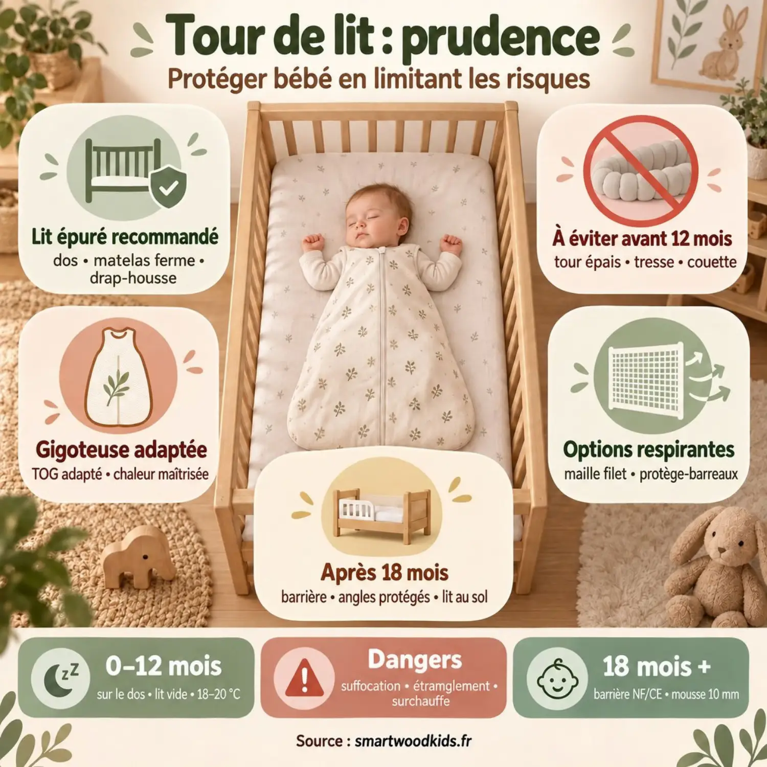 Infographie : tour de lit et sécurité - lit épuré recommandé, gigoteuse adaptée, à éviter avant 12 mois et options respirantes.