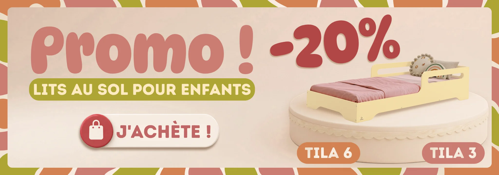 Bannière promotionnelle pour lits au sol pour enfants avec lit jaune beurre TILA