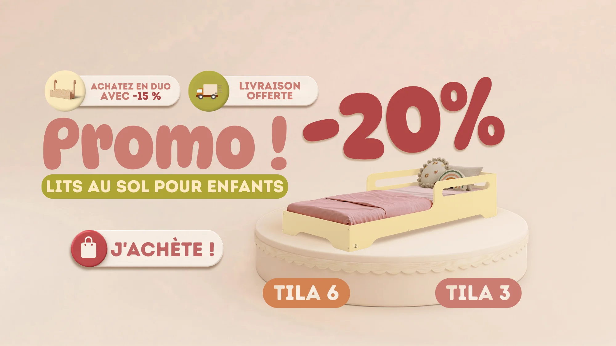 Bannière promotionnelle pour lits au sol pour enfants avec lit jaune beurre TILA