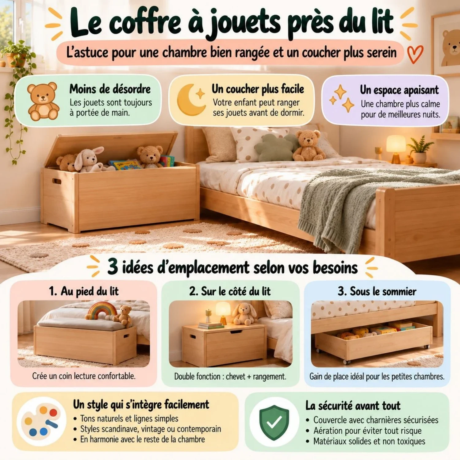 : Infographie : le coffre à jouets près du lit - au pied du lit, sur le côté comme chevet ou sous le sommier, pour moins de désordre et un coucher plus serein.
