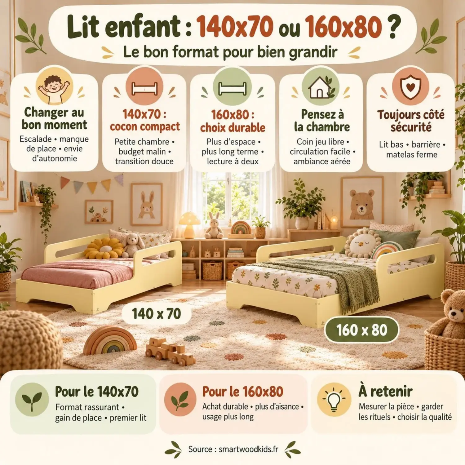 Infographie : lit enfant 140x70 ou 160x80 - quand changer de lit, atouts de chaque format, place dans la chambre et repères de sécurité.