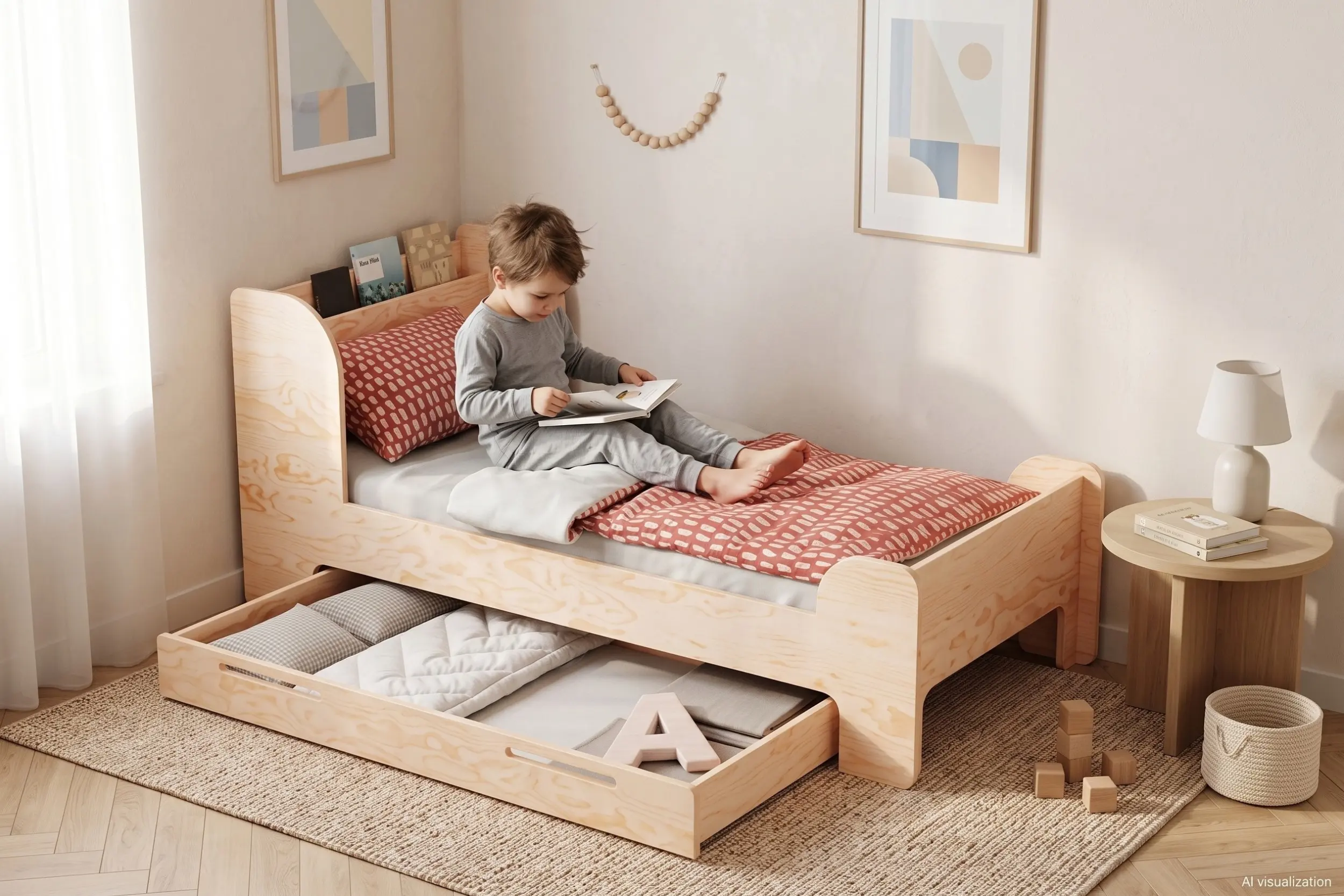 Lit enfant FLOU en bois naturel avec rangement à livres en tête de lit et grand tiroir, garçon lisant un livre assis sur le lit.