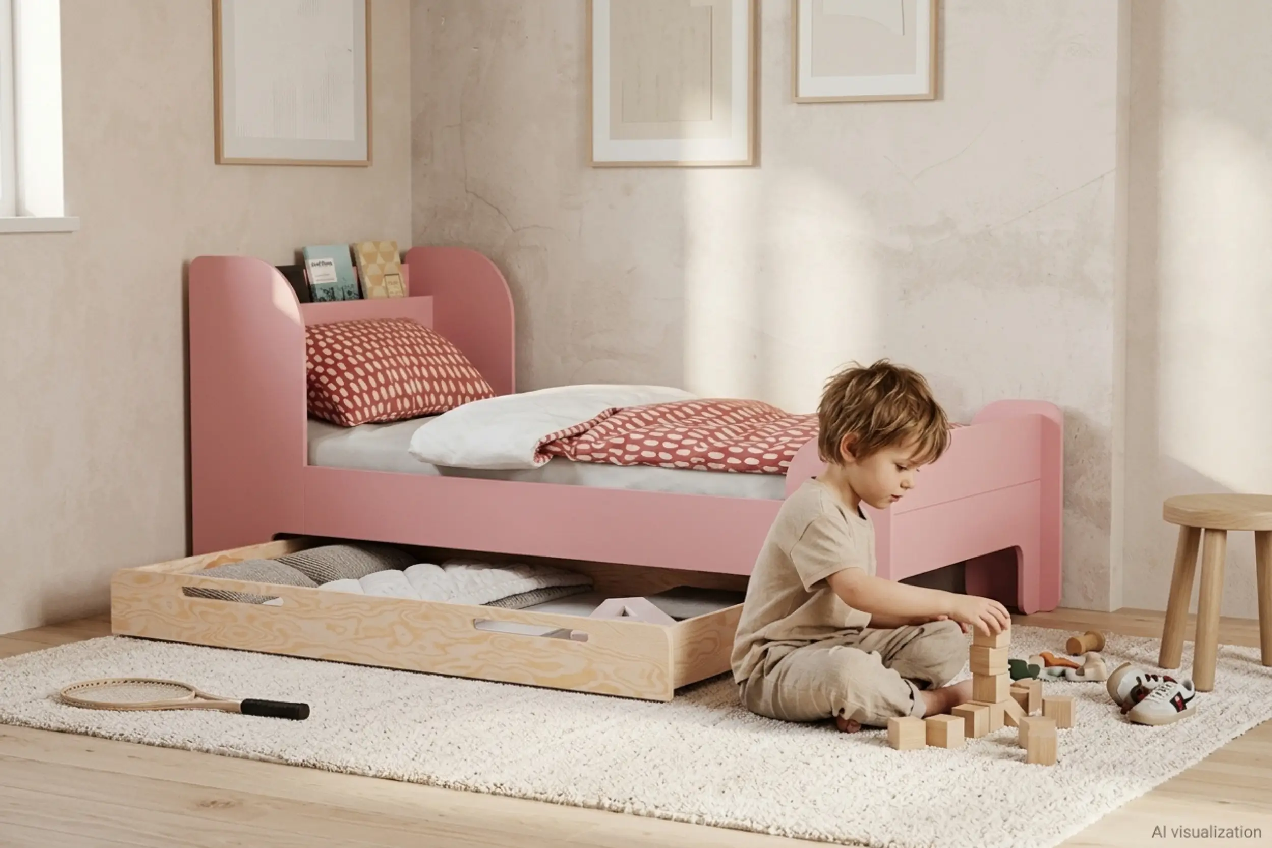 Lit enfant FLOU rose avec rangement à livres en tête de lit et tiroir en bois ouvert rempli de linge, petit garçon jouant aux cubes sur le tapis.