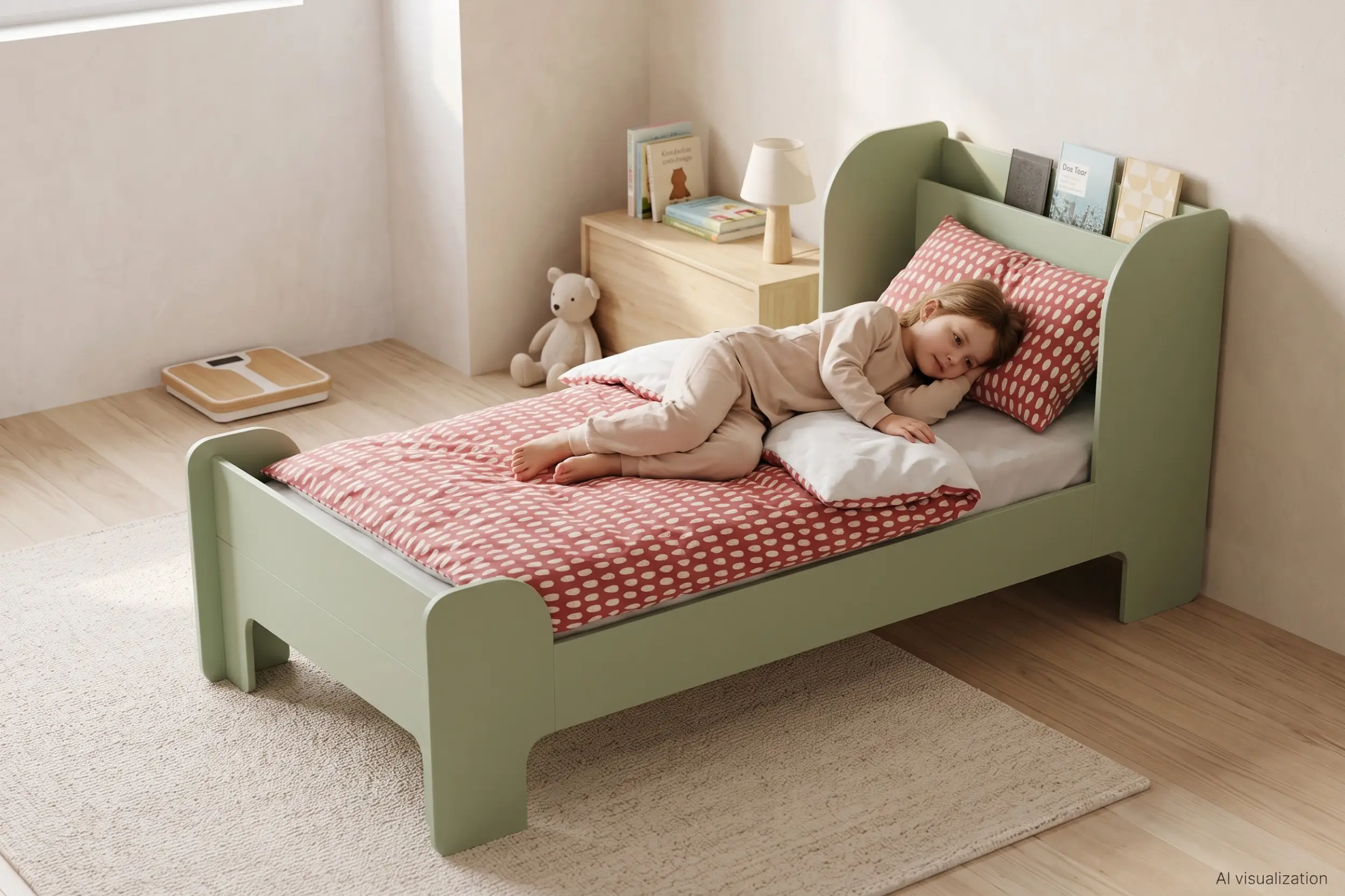 Lit enfant FLOU vert avec rangement à livres en tête de lit, petite fille allongée sur une parure à pois dans une chambre lumineuse.