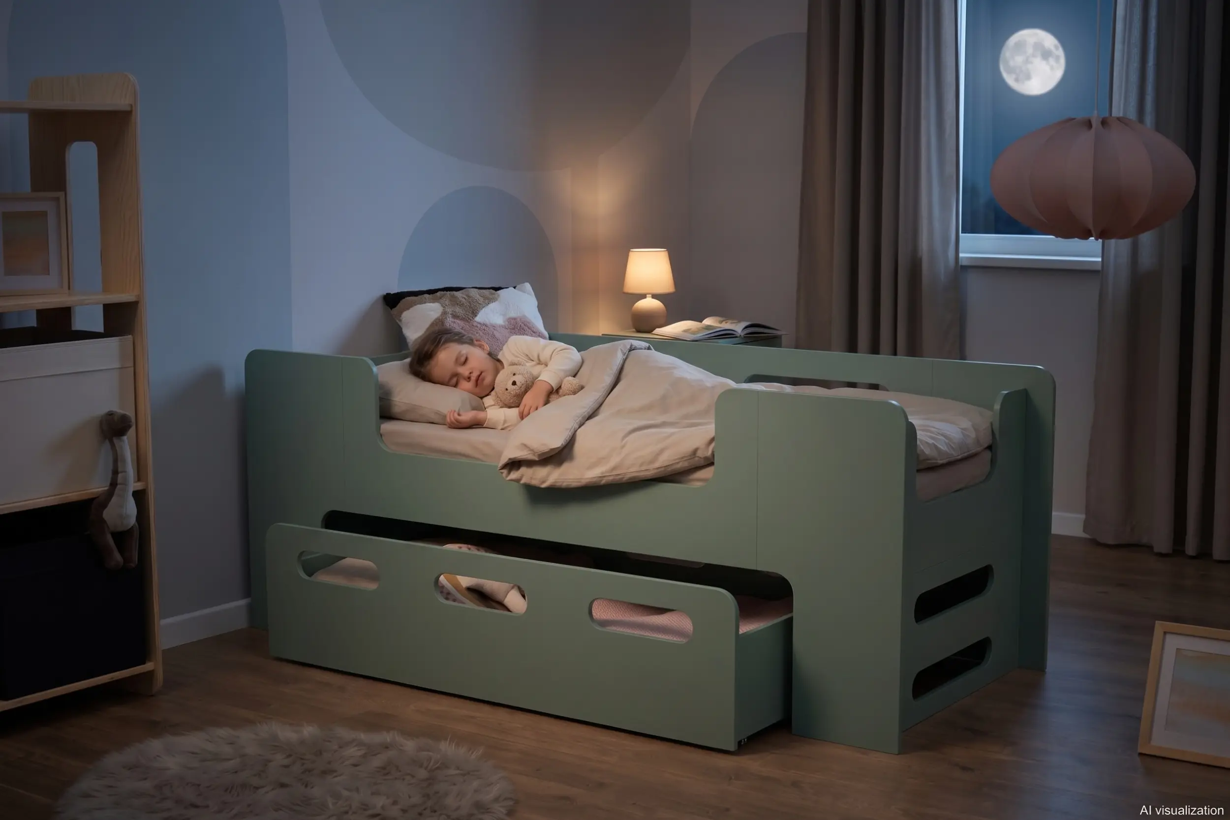 Lit enfant PIPI vert avec couchage gigogne sorti, petite fille endormie avec son ours sous la pleine lune à la fenêtre.