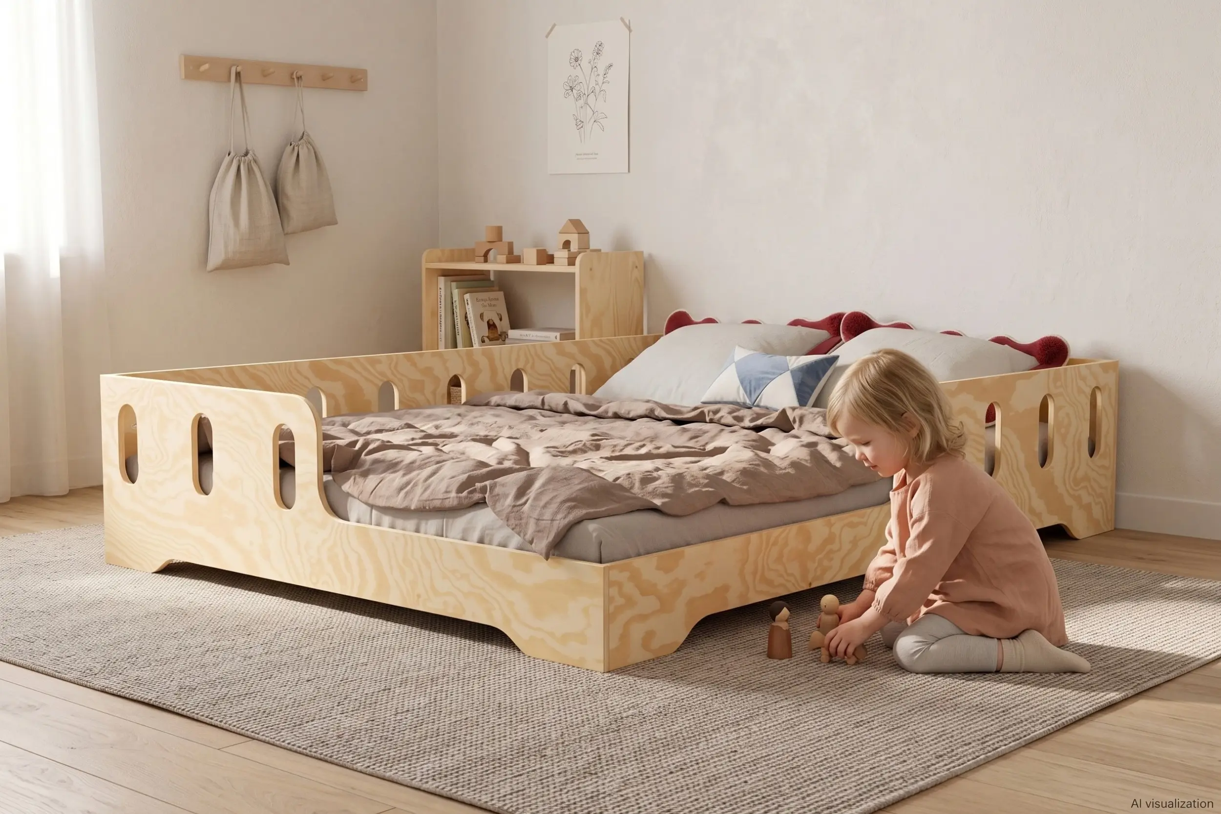 Lit bas TILA 1 en bois naturel avec barrières ajourées, petite fille jouant avec des figurines en bois sur le tapis près du lit.