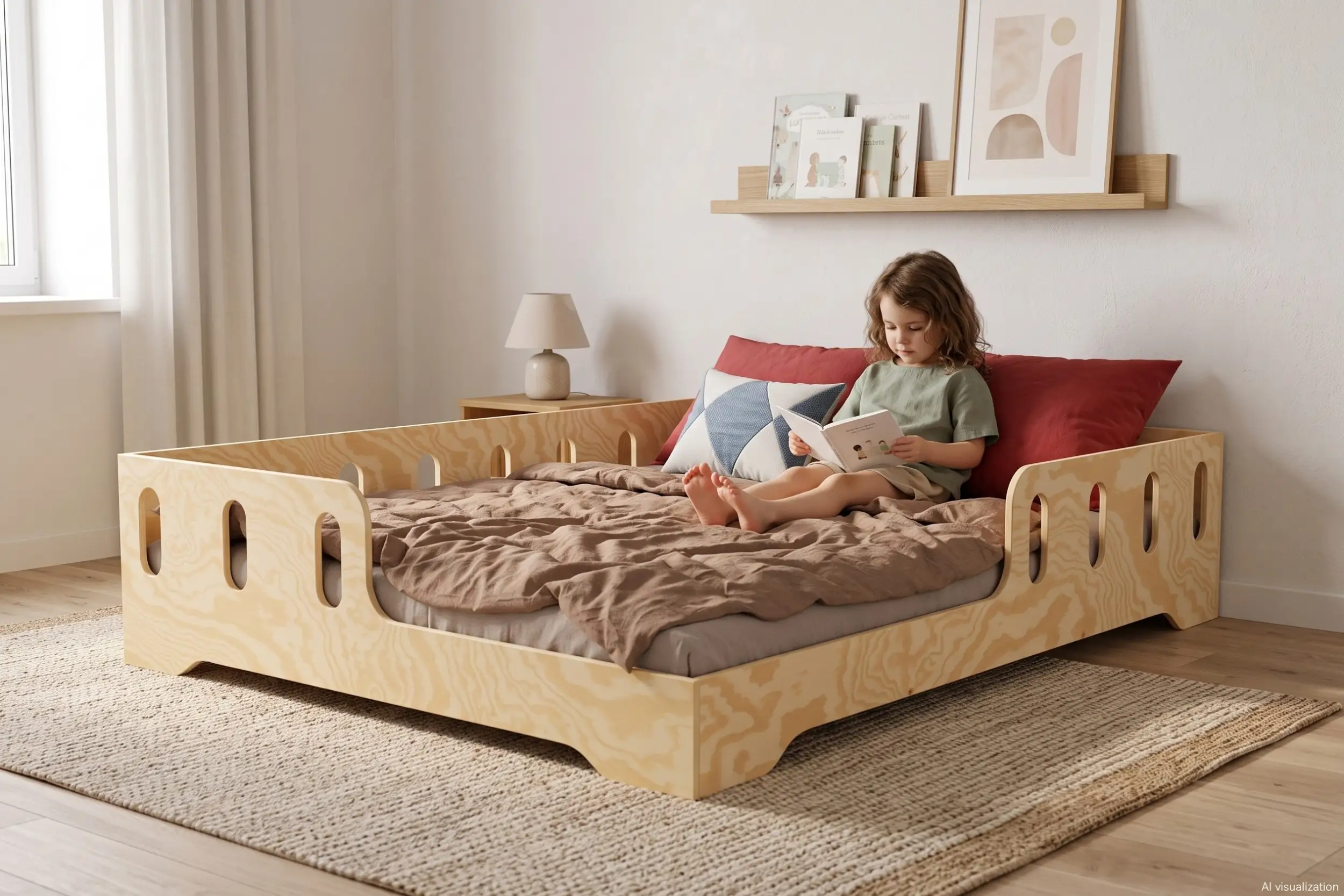 Lit enfant TILA 1 coloris naturel avec barrières ajourées sur trois côtés, petite fille assise qui lit un livre adossée aux coussins.