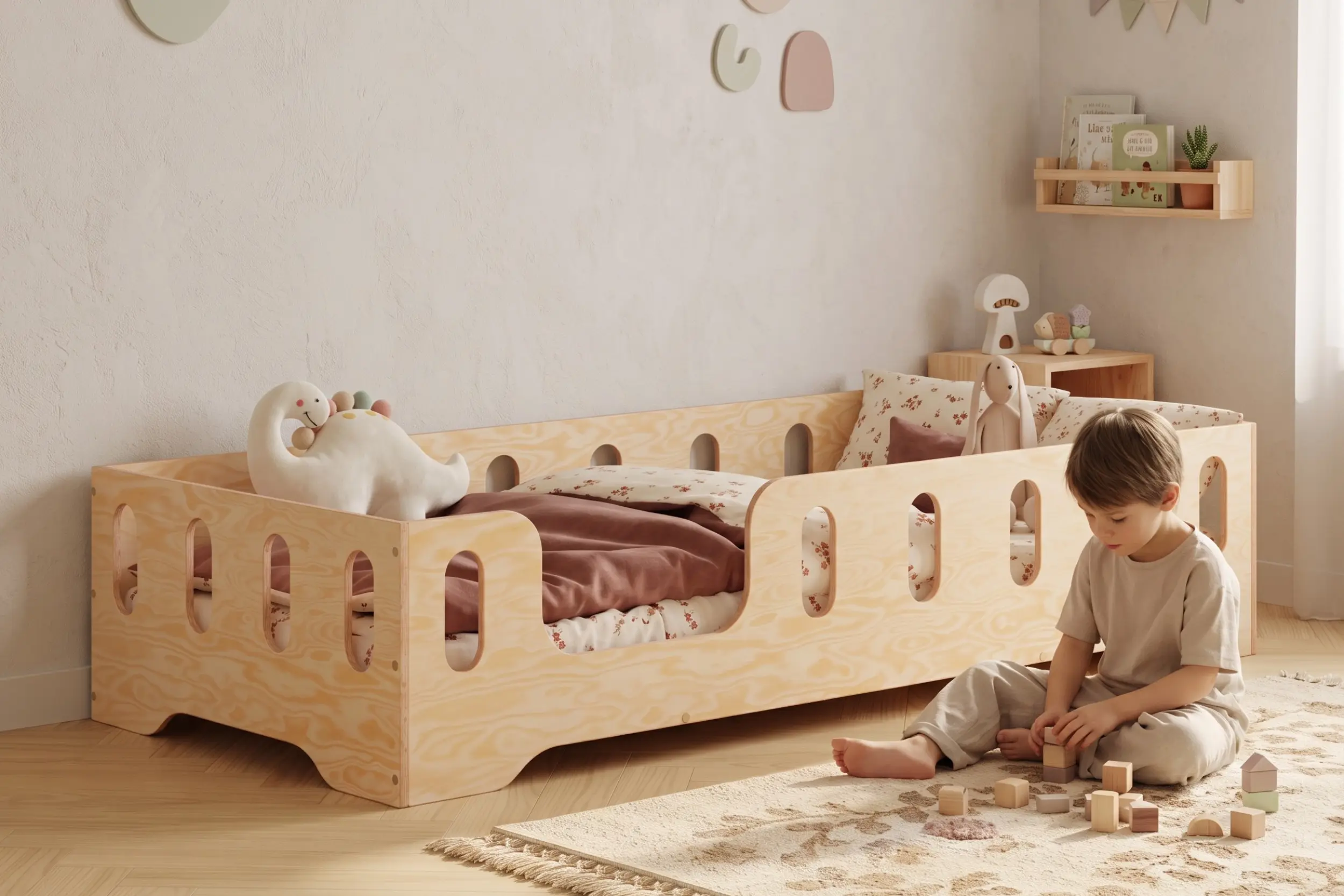 Lit bas TILA 2 en bois naturel avec barrières à découpes ovales, petit garçon jouant aux cubes en bois sur le tapis à côté du lit.