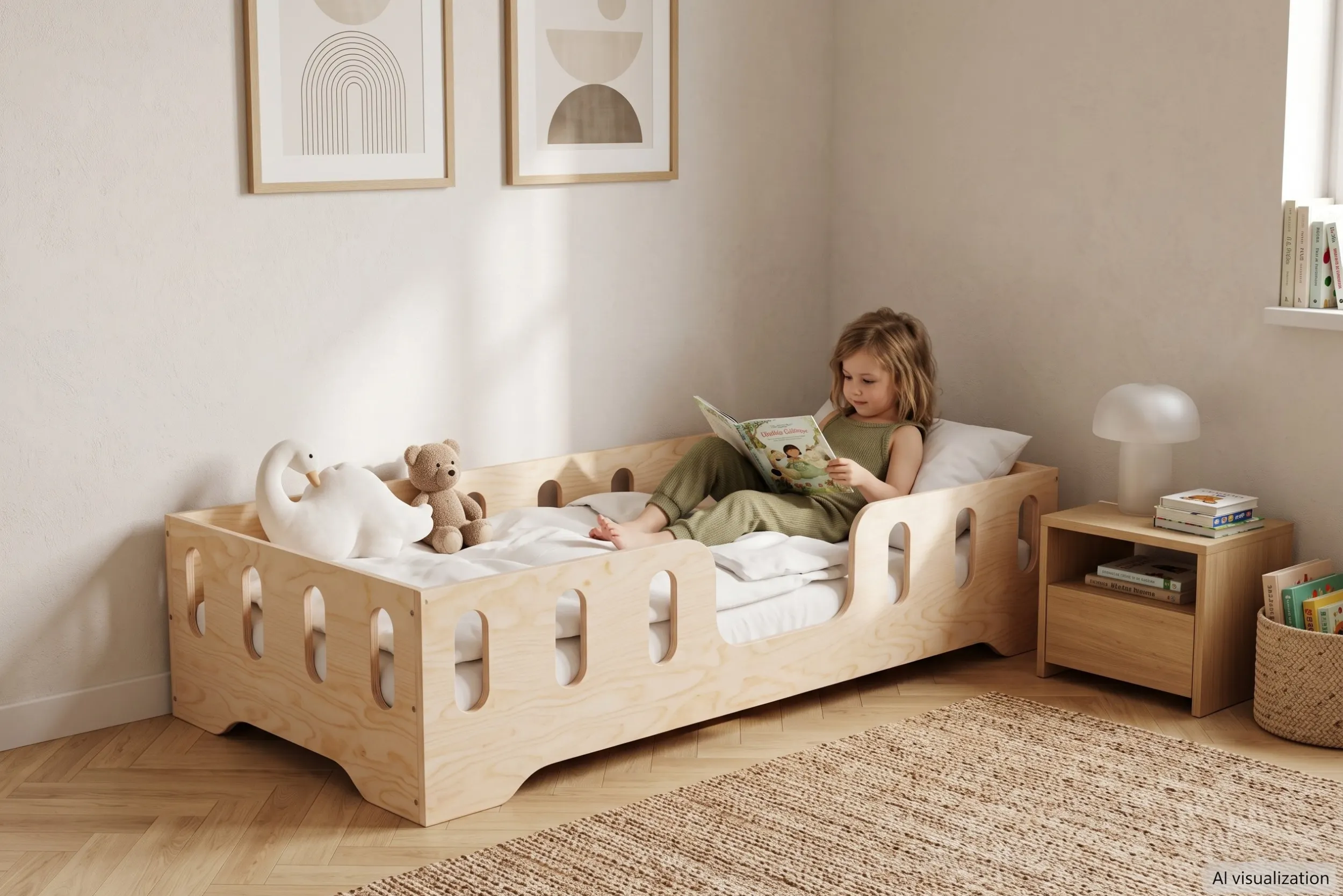 Lit bas TILA 2 en bois naturel avec barrières ajourées, petite fille lisant un livre dans le lit, peluches cygne et ourson à ses pieds.