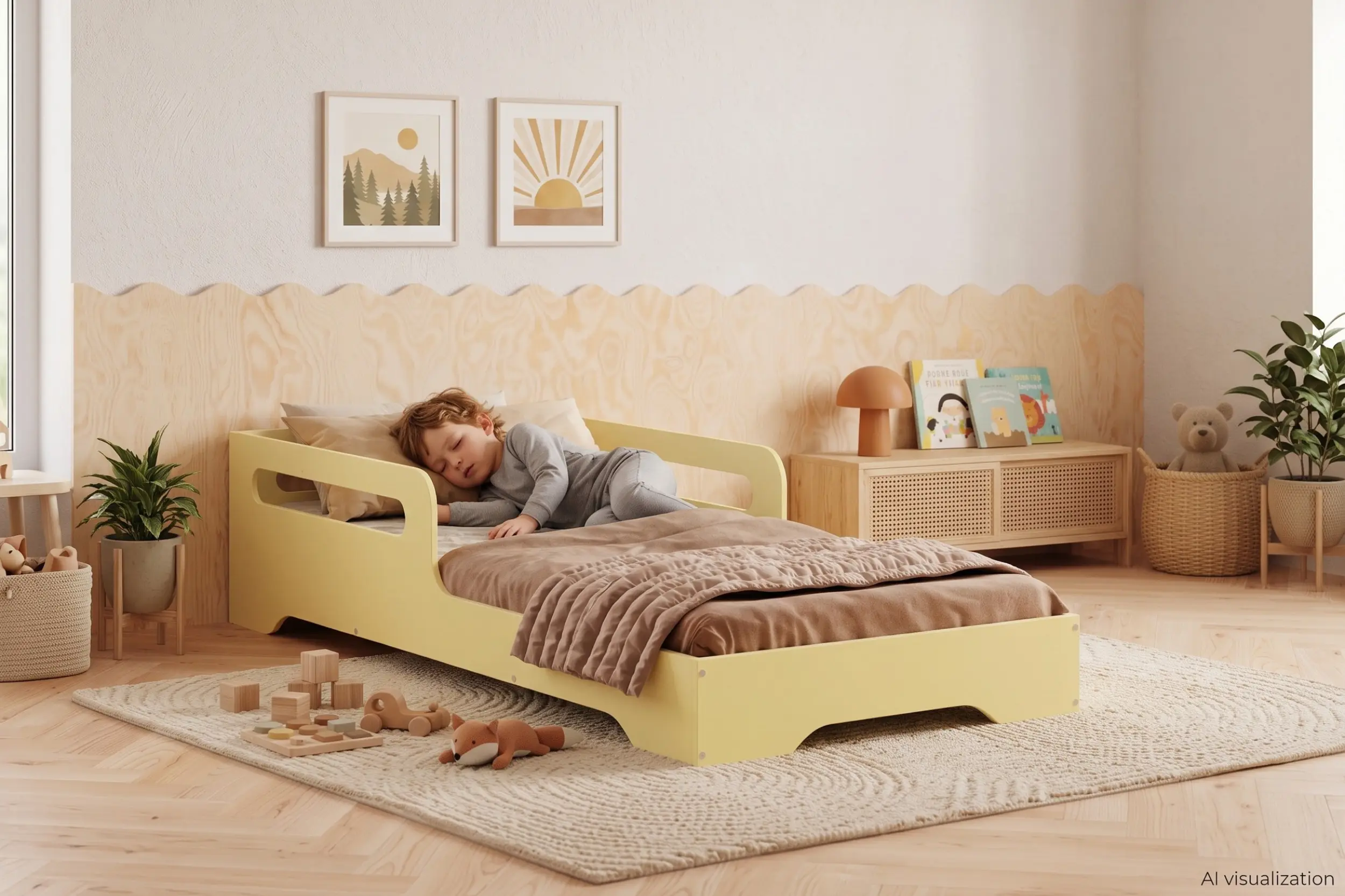 Lit enfant TILA 3 coloris beurre avec barrière sur un côté, petit garçon endormi sous une couette beige dans une chambre lumineuse.