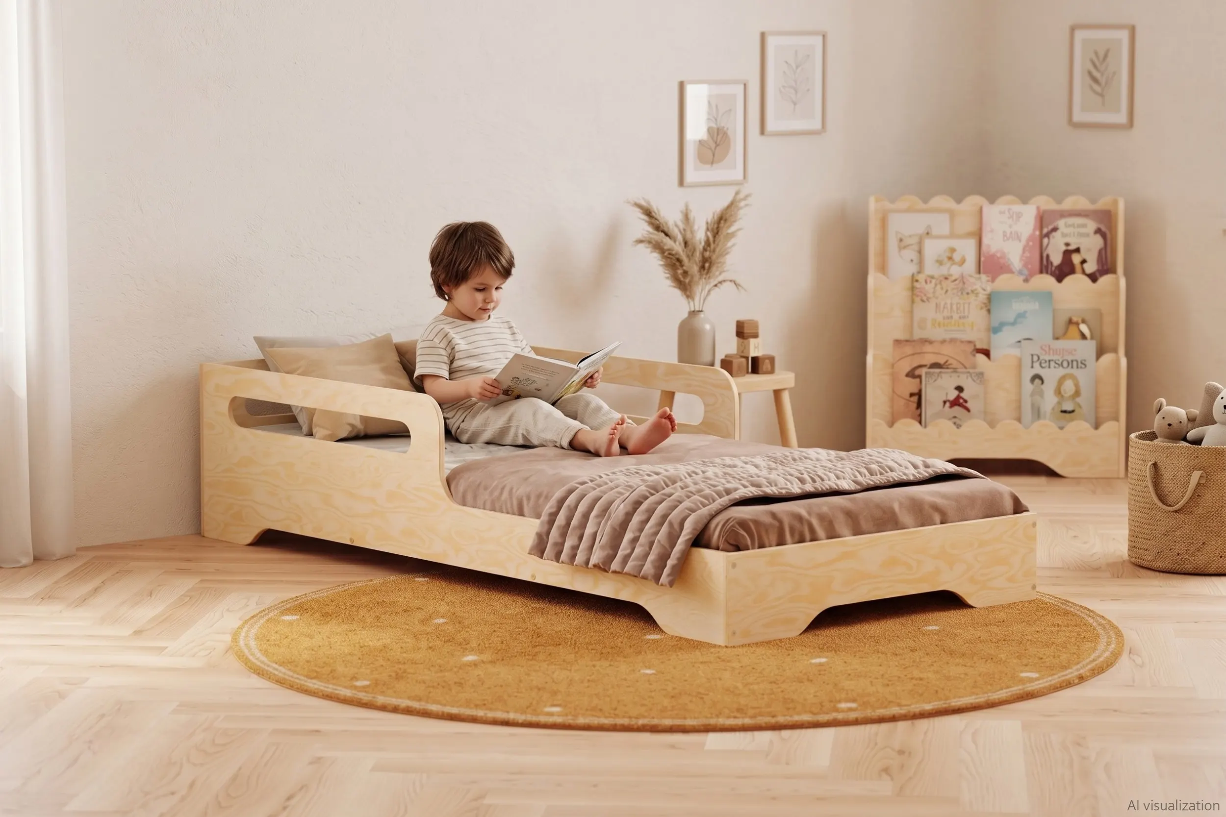 Lit enfant TILA 3 coloris naturel avec barrière sur un côté, petit garçon assis sur son lit qui lit un livre dans une chambre claire.