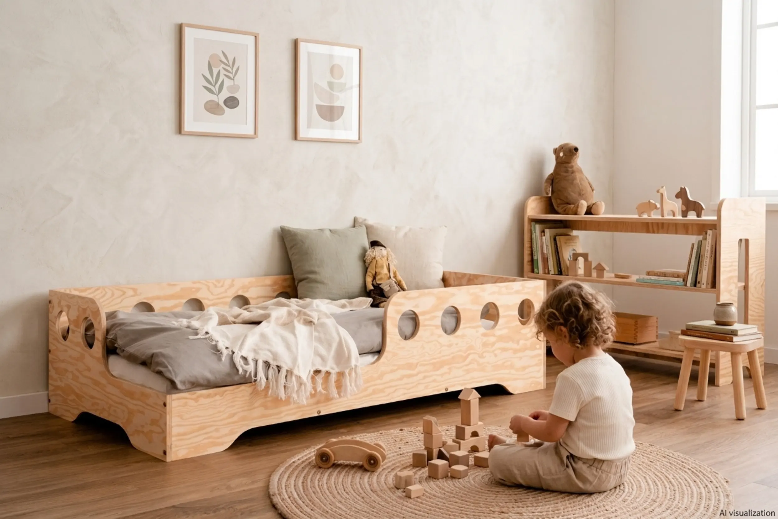 Lit enfant ⟨model⟩ en contreplaqué naturel avec barrières ajourées de cercles, dans une chambre d’enfant lumineuse, enfant jouant avec des cubes en bois