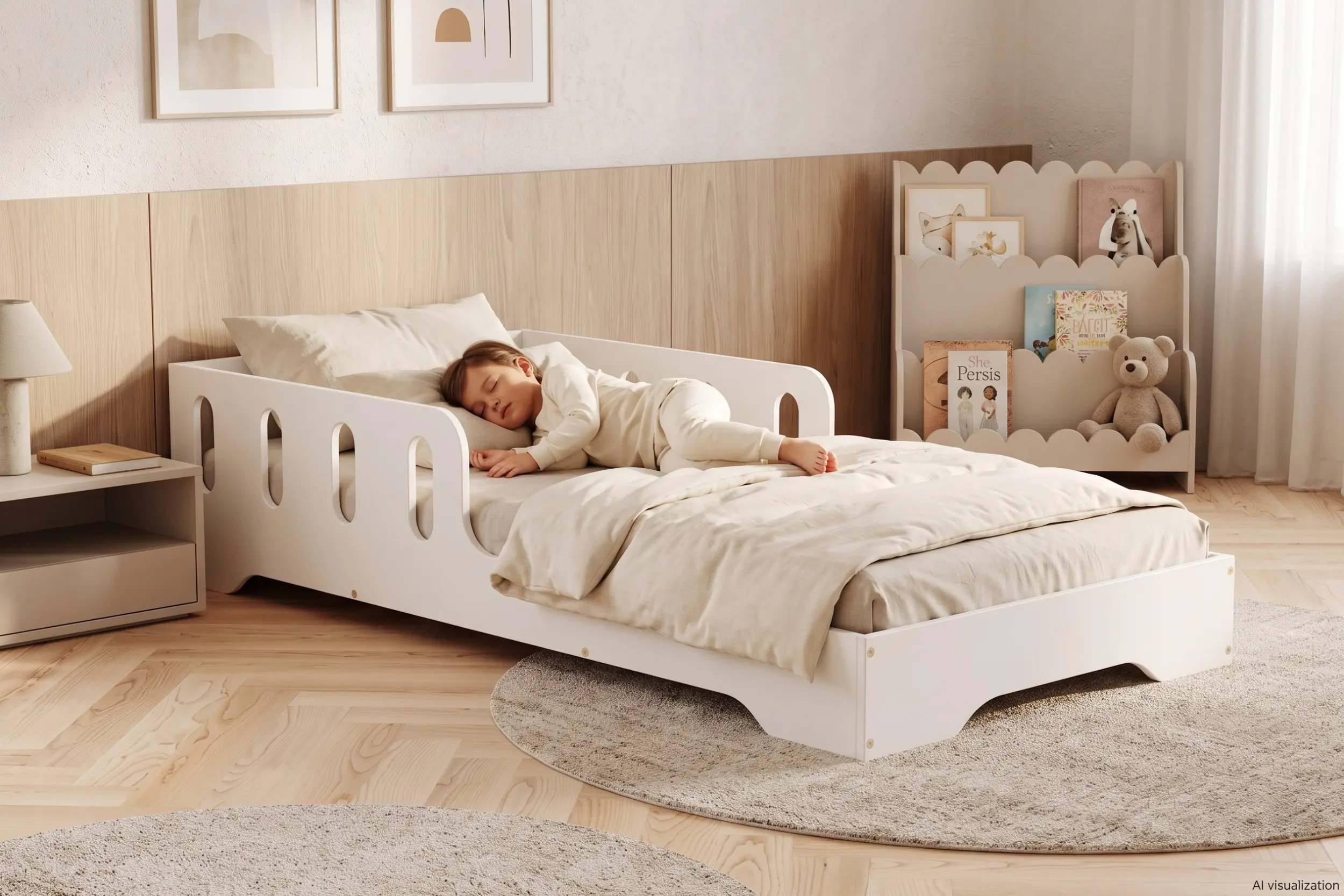 Lit enfant TILA 6 blanc avec barrière ajourée, petite fille endormie sous une couette beige dans une chambre lumineuse.