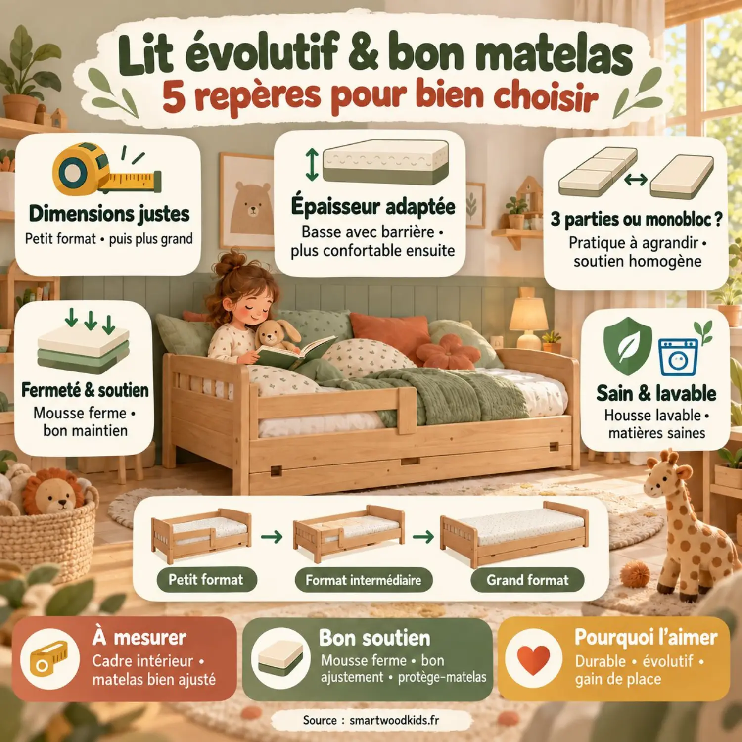 Infographie : lit évolutif et matelas - dimensions, épaisseur adaptée, matelas en trois parties ou monobloc, fermeté et housse lavable.