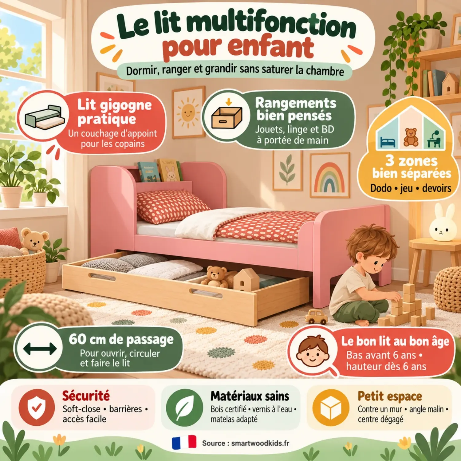 Infographie : le lit multifonction pour enfant — lit gigogne d’appoint, rangements pour jouets et linge, 60 cm de passage autour du lit et 3 zones dodo, jeu et devoirs.