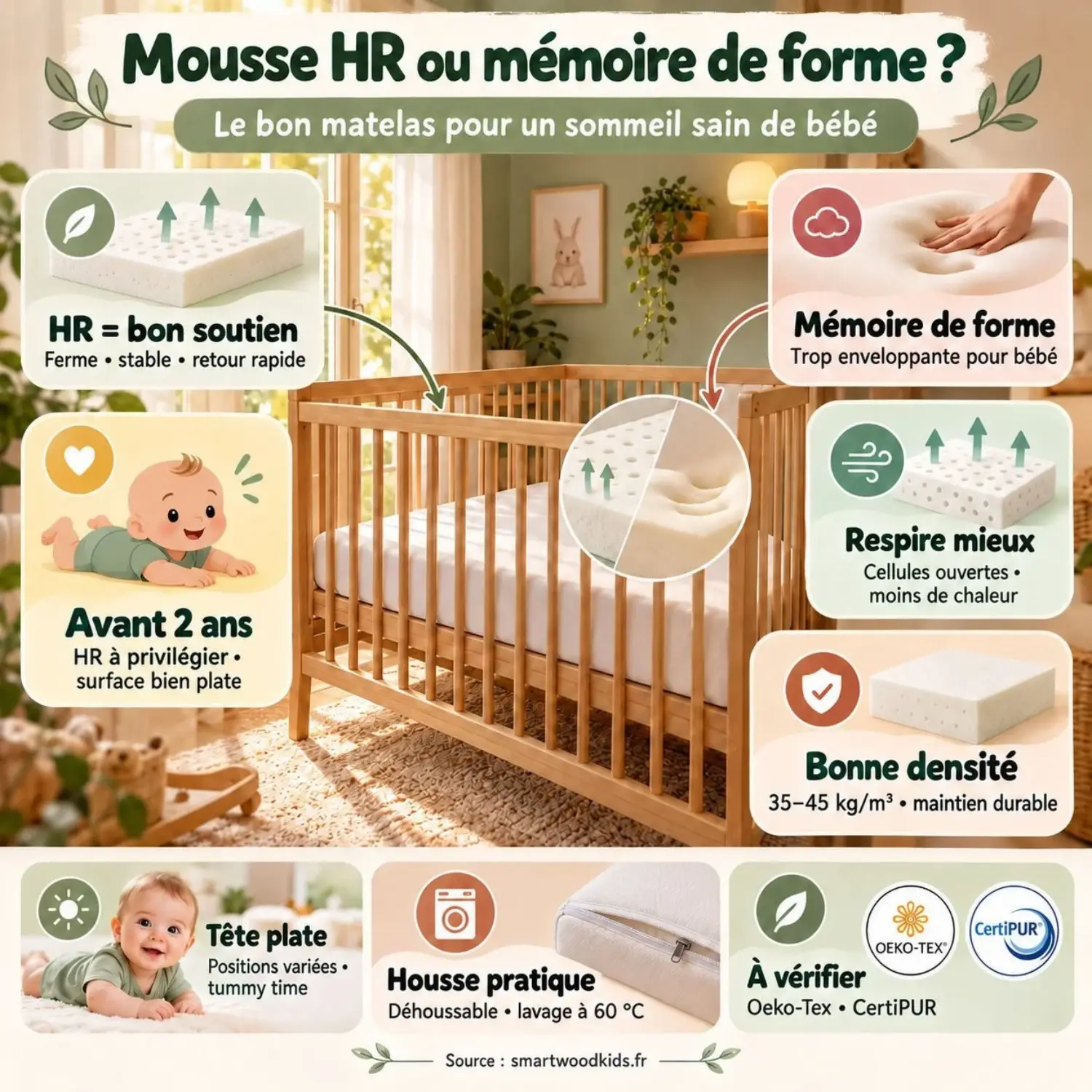 Infographie : matelas bébé en mousse HR ou à mémoire de forme - soutien ferme, aération, densité conseillée et housse déhoussable lavable.